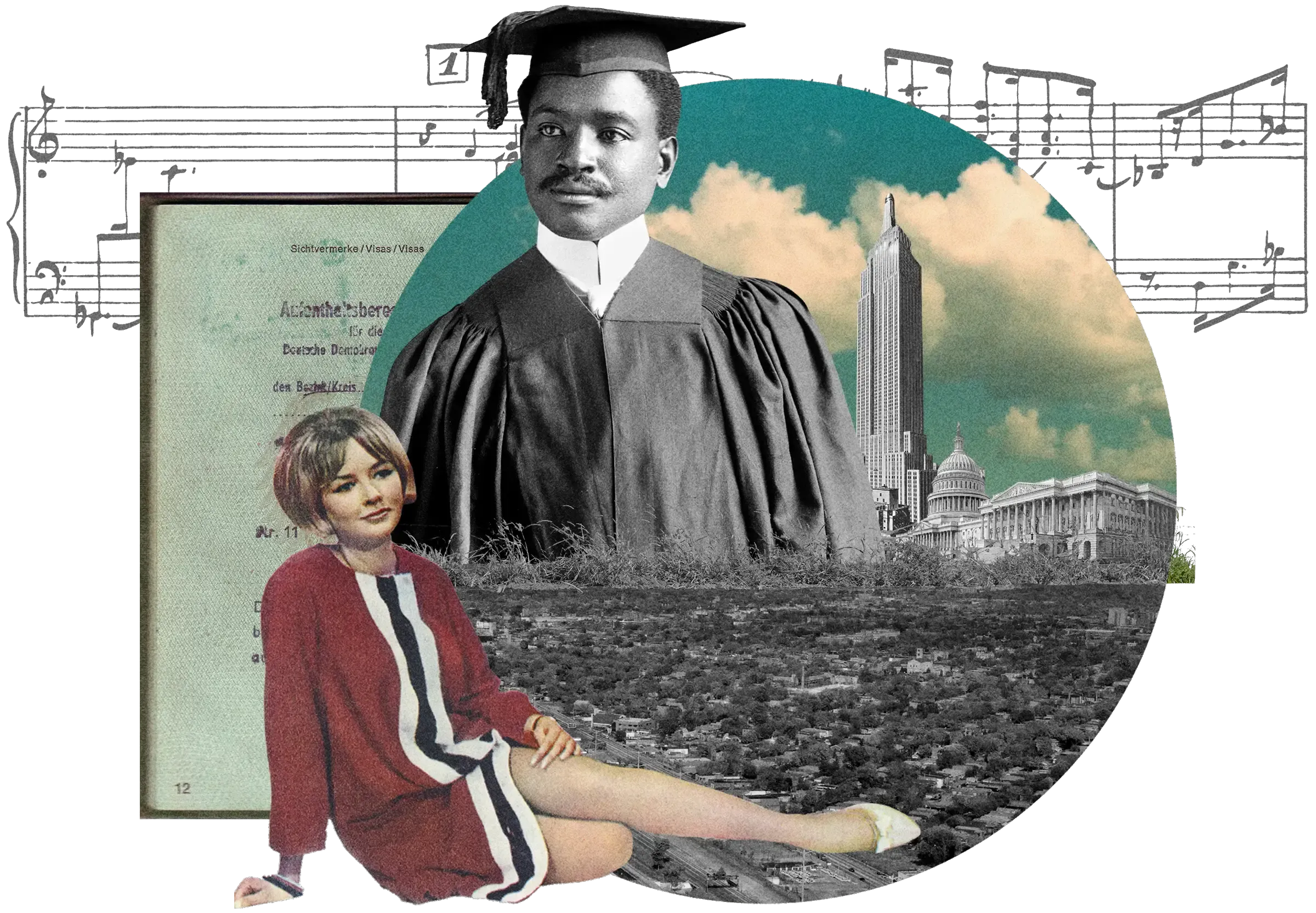 Collage: Graduate in cap and gown, woman in red dress, cityscape with US Capitol and Empire State Building, on sheet music background