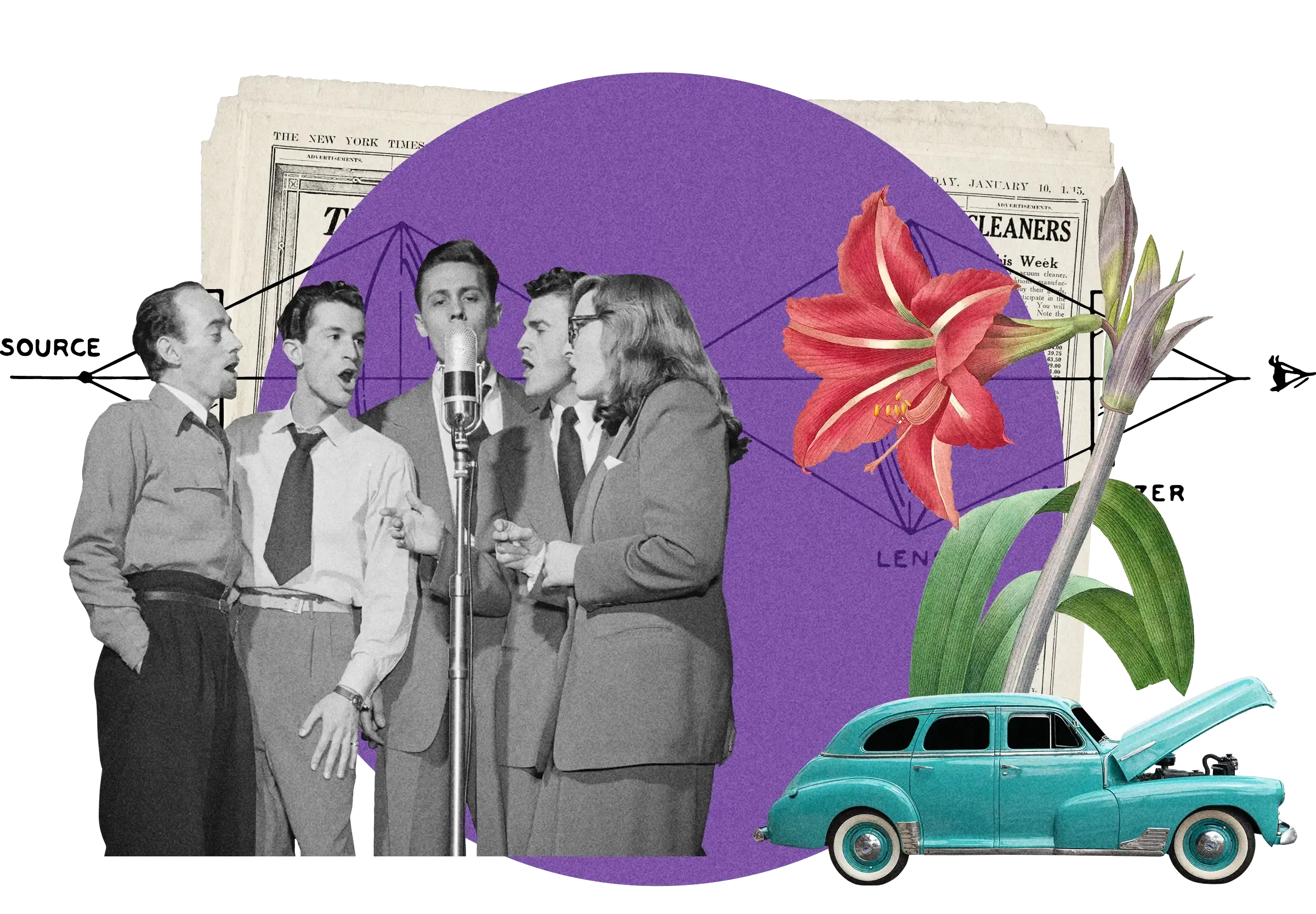 Collage with vintage singers at microphone, turquoise classic car, red lily flower, against purple circle with 'SOURCE' and 'LEN' text and arrows.