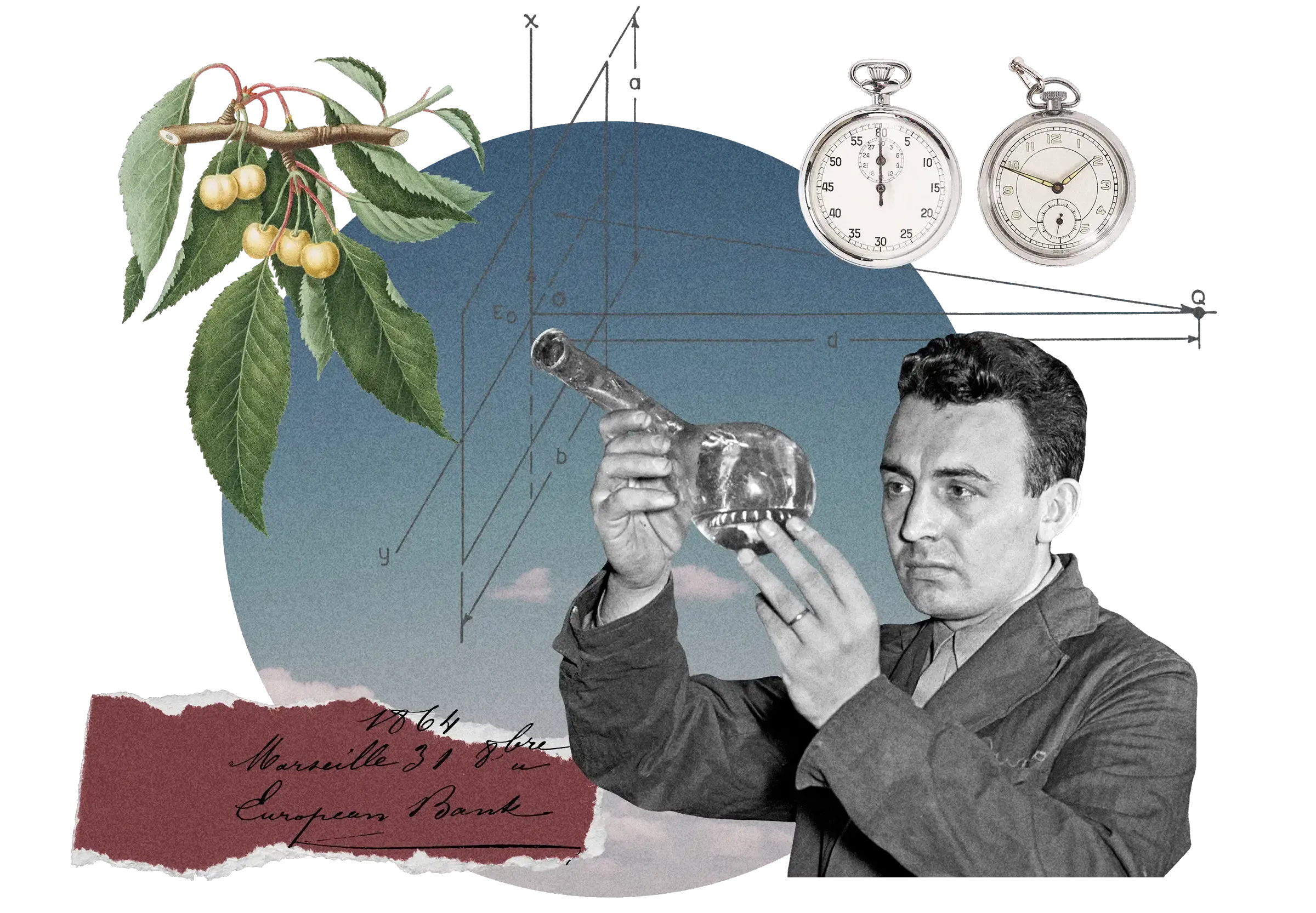 Collage: Man examining glass object, cherries on branch, vintage pocket watches, geometric diagrams, torn European Bank note, blue circle