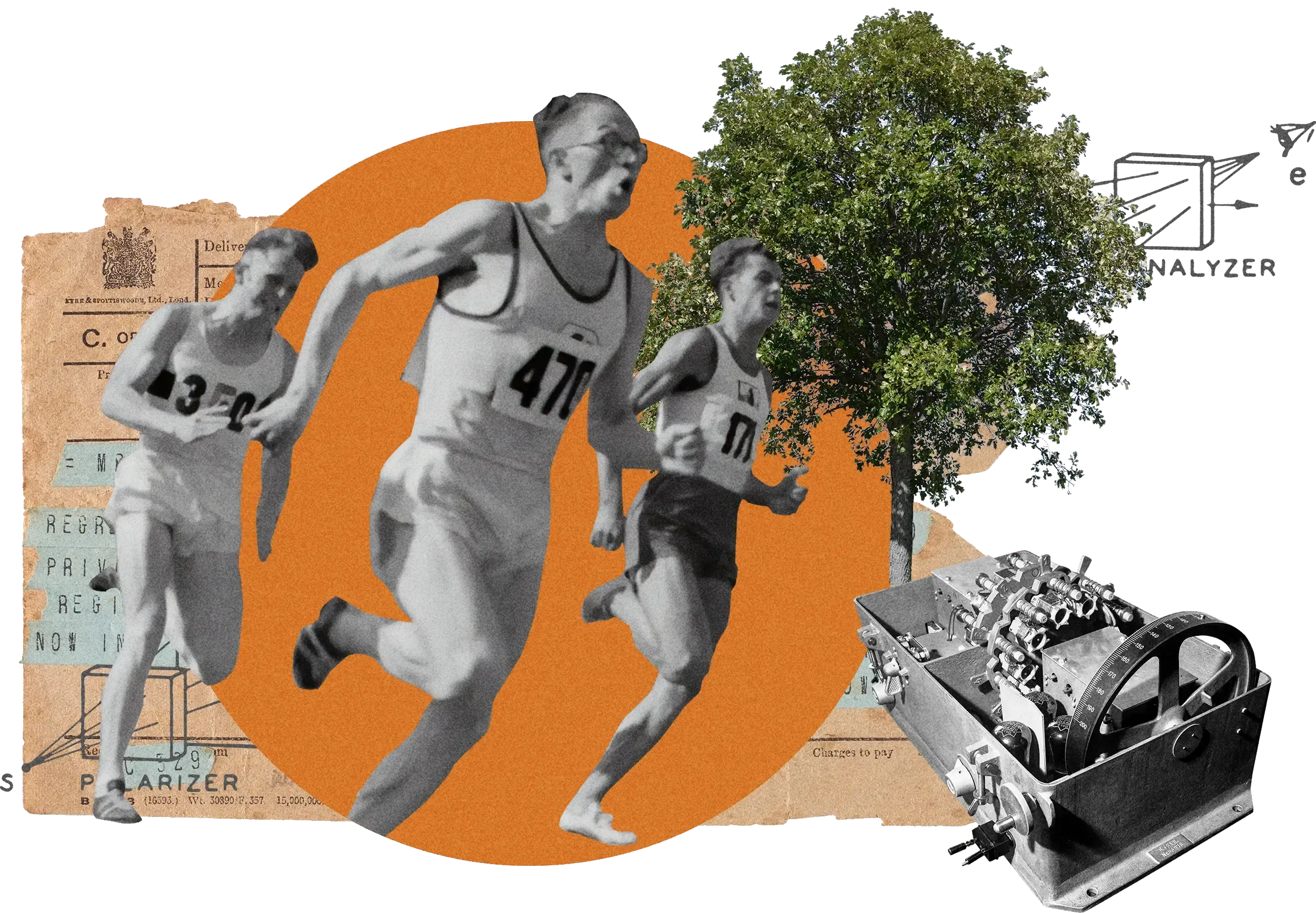 Collage: Three vintage athletes running in sequence, mechanical analyser device, green tree, vintage documents on orange circle