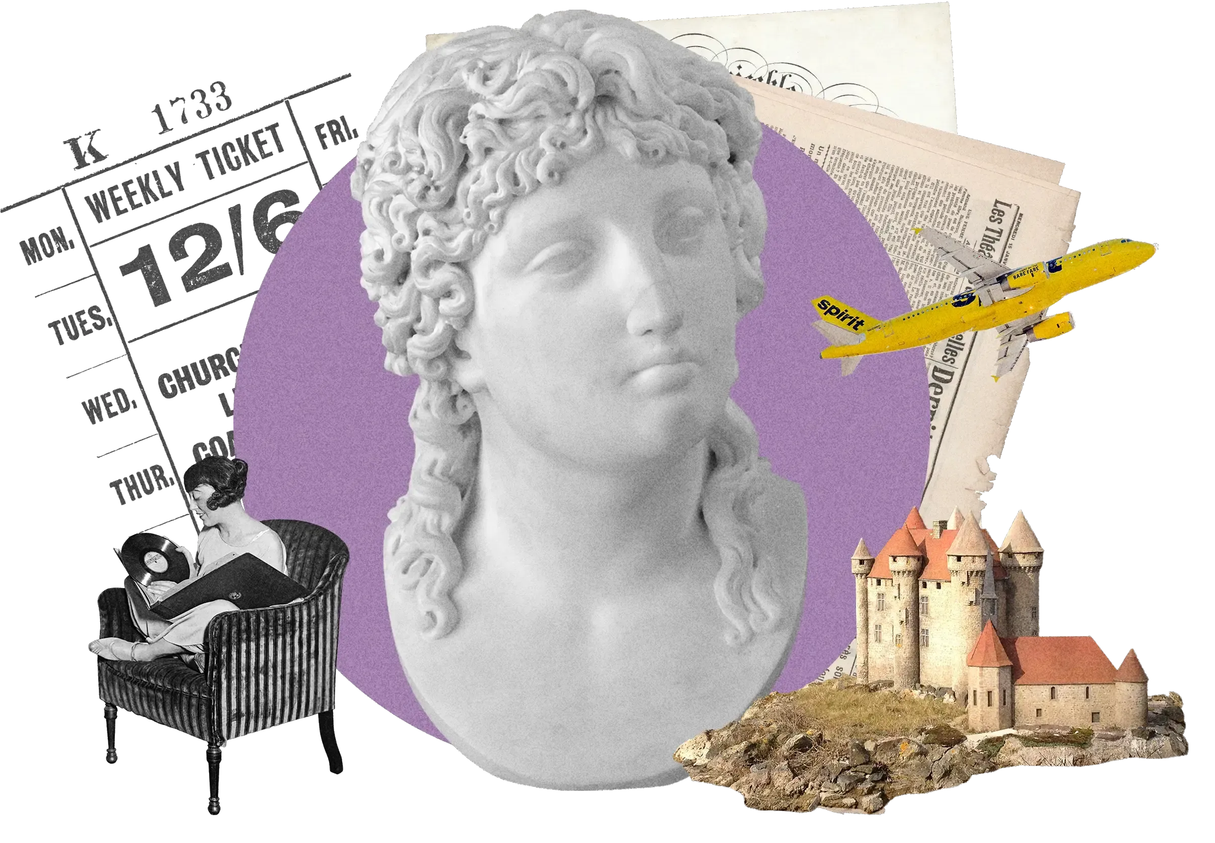 Collage featuring classical marble bust with curly hair on purple circle, vintage calendar, woman in chair with record, Spirit plane, and medieval castle