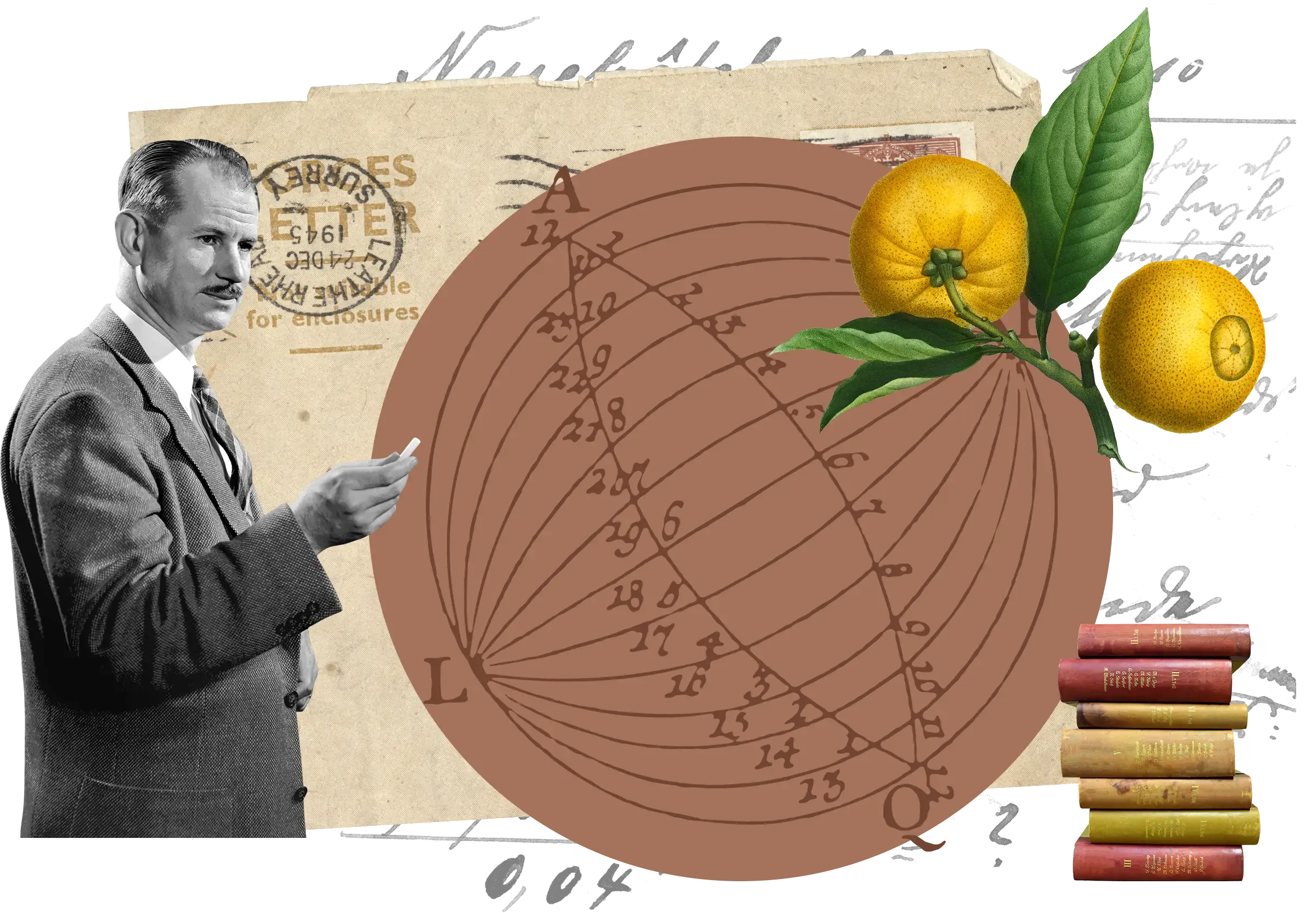 Collage featuring vintage businessman with chalk, mathematical diagram in brown circle, stack of books, and botanical illustration of oranges.