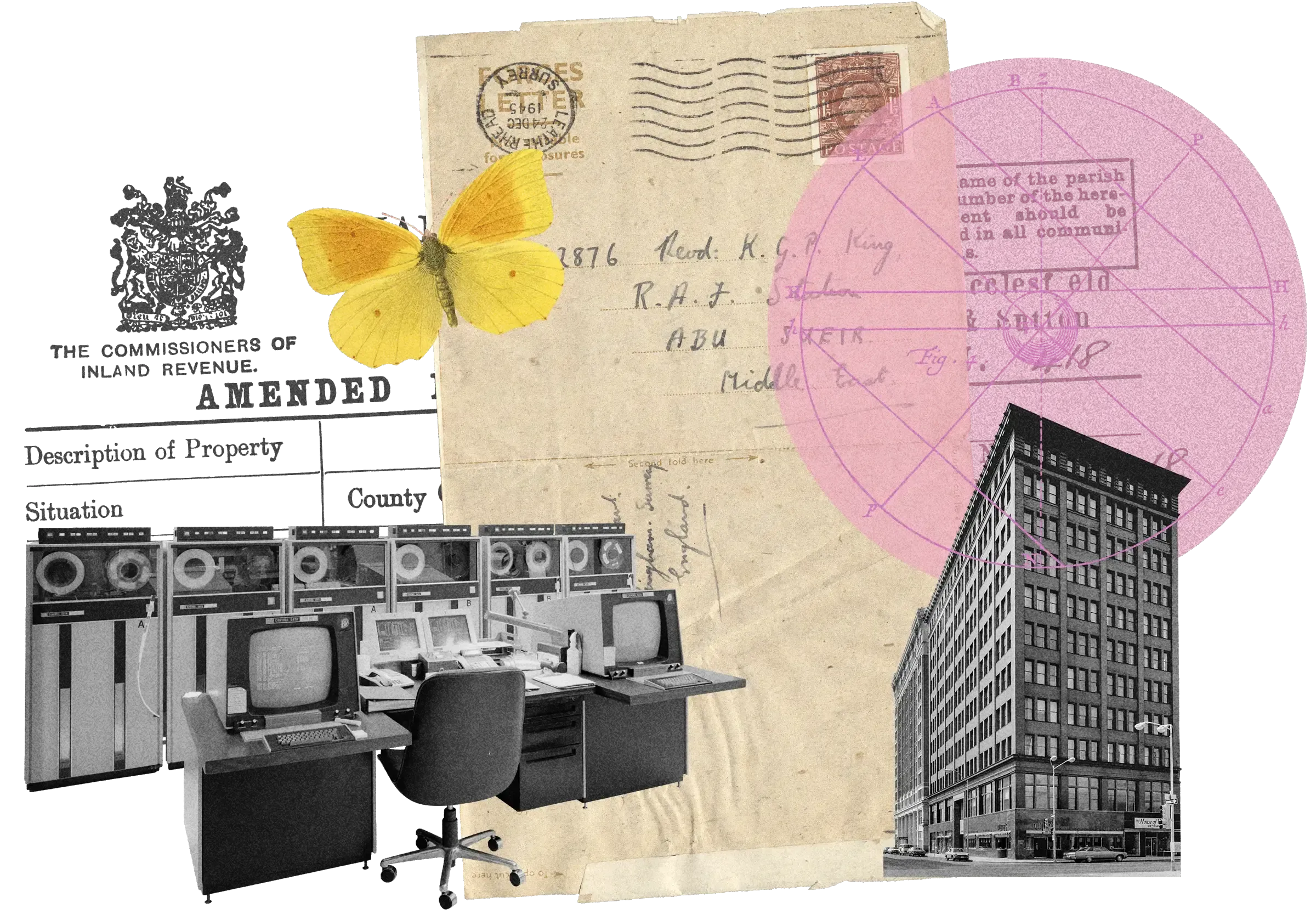 Collage: Vintage mainframe computers, tax form header, yellow butterfly, office building, geometric diagram on pink circle, antique letter