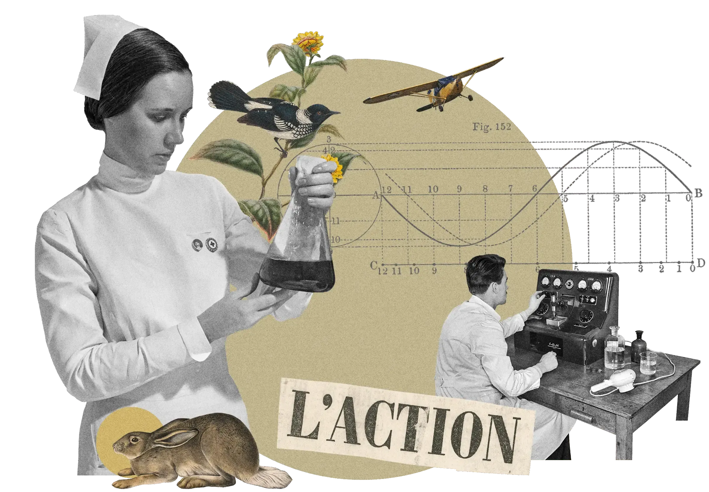 Collage on beige circle: Nurse with flask, scientist at controls, rabbit, bird, sunflower, small plane, geometric diagram, 'L'ACTION' text