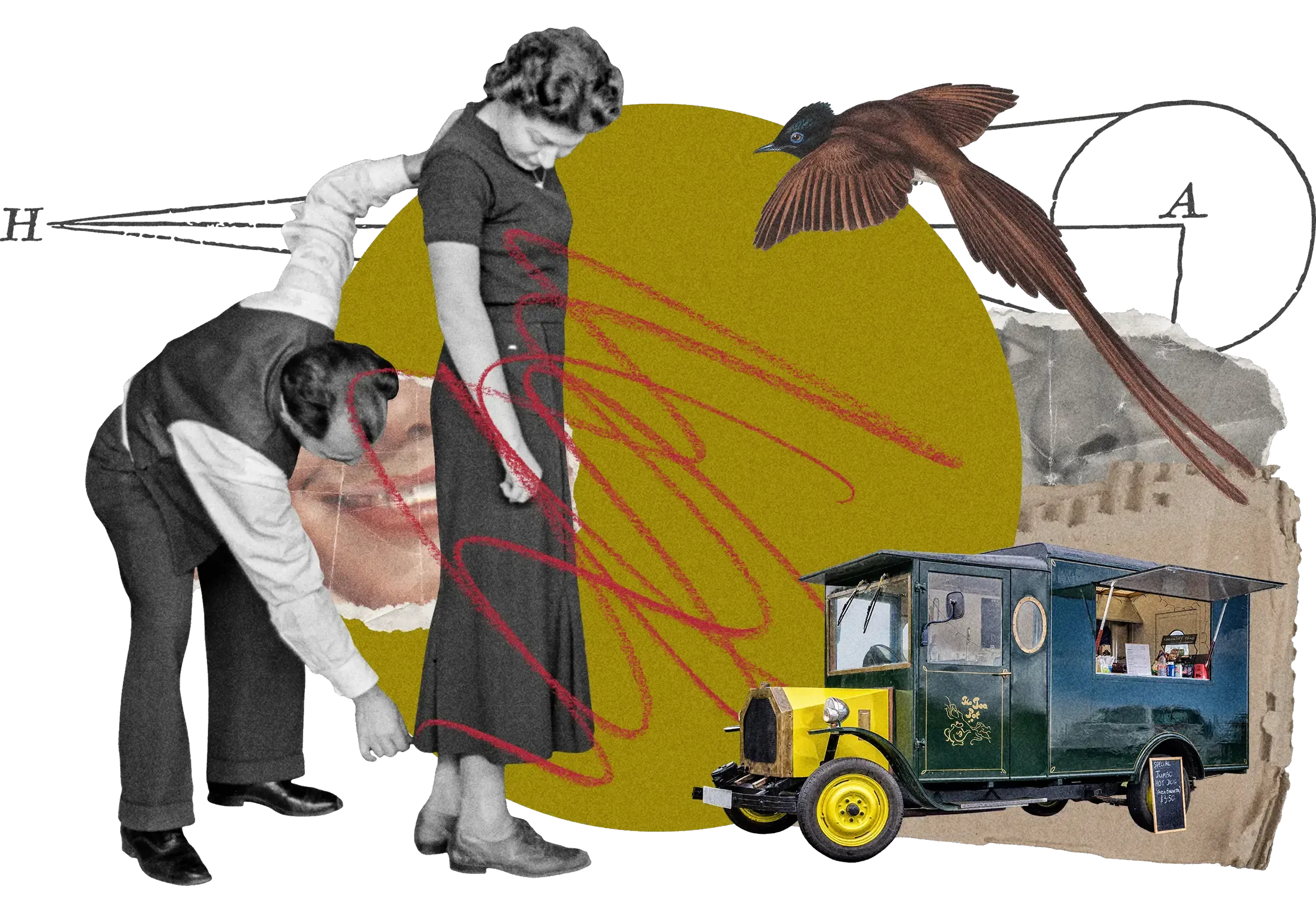 Collage: Man helping woman with shoes, vintage delivery truck, brown bird in flight, red swirls, on mustard yellow circle