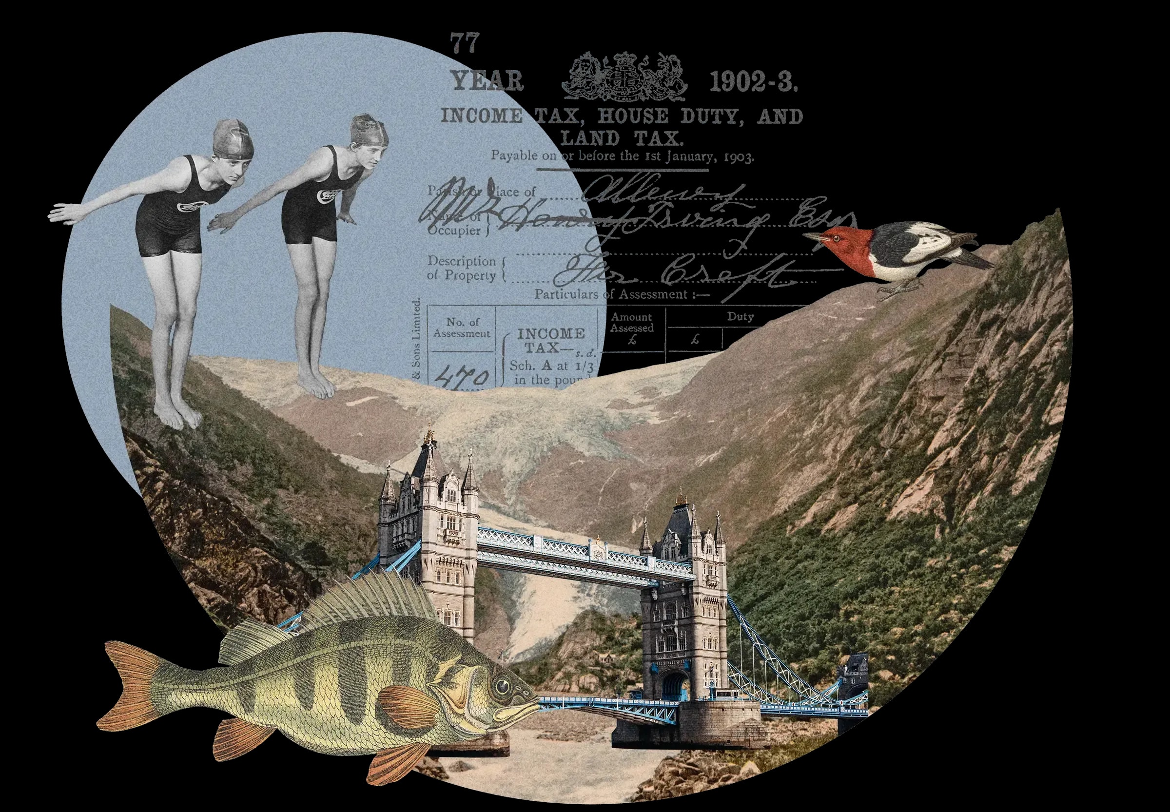 Surreal collage: Vintage swimmers diving, London Bridge set in mountains, antique tax form, illustrated fish, red bird, in circular frame