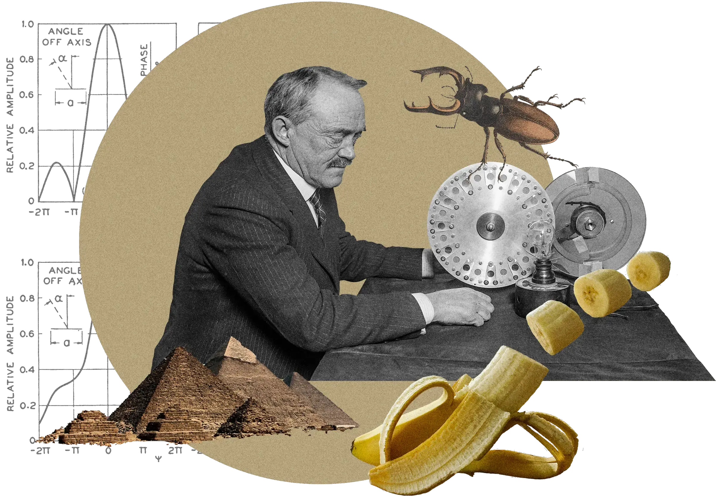 Collage with vintage scientist at mechanical device, graphs, pyramids, peeled banana, stag beetle on tan circle background, mathematical diagrams