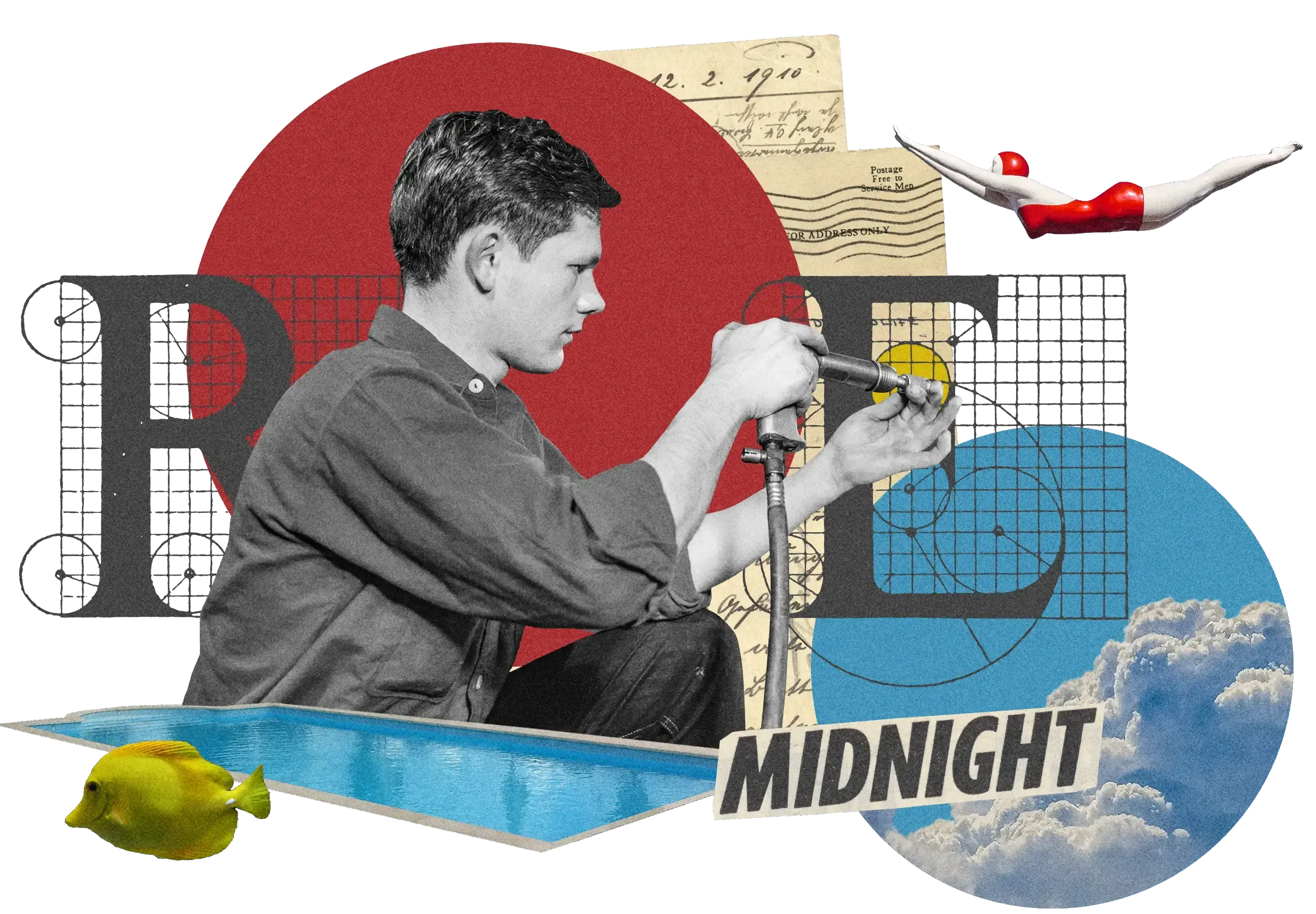 Collage: Man working with tool, yellow fish, diver in red swimsuit, 'MIDNIGHT' text, vintage letter, on red and blue circles