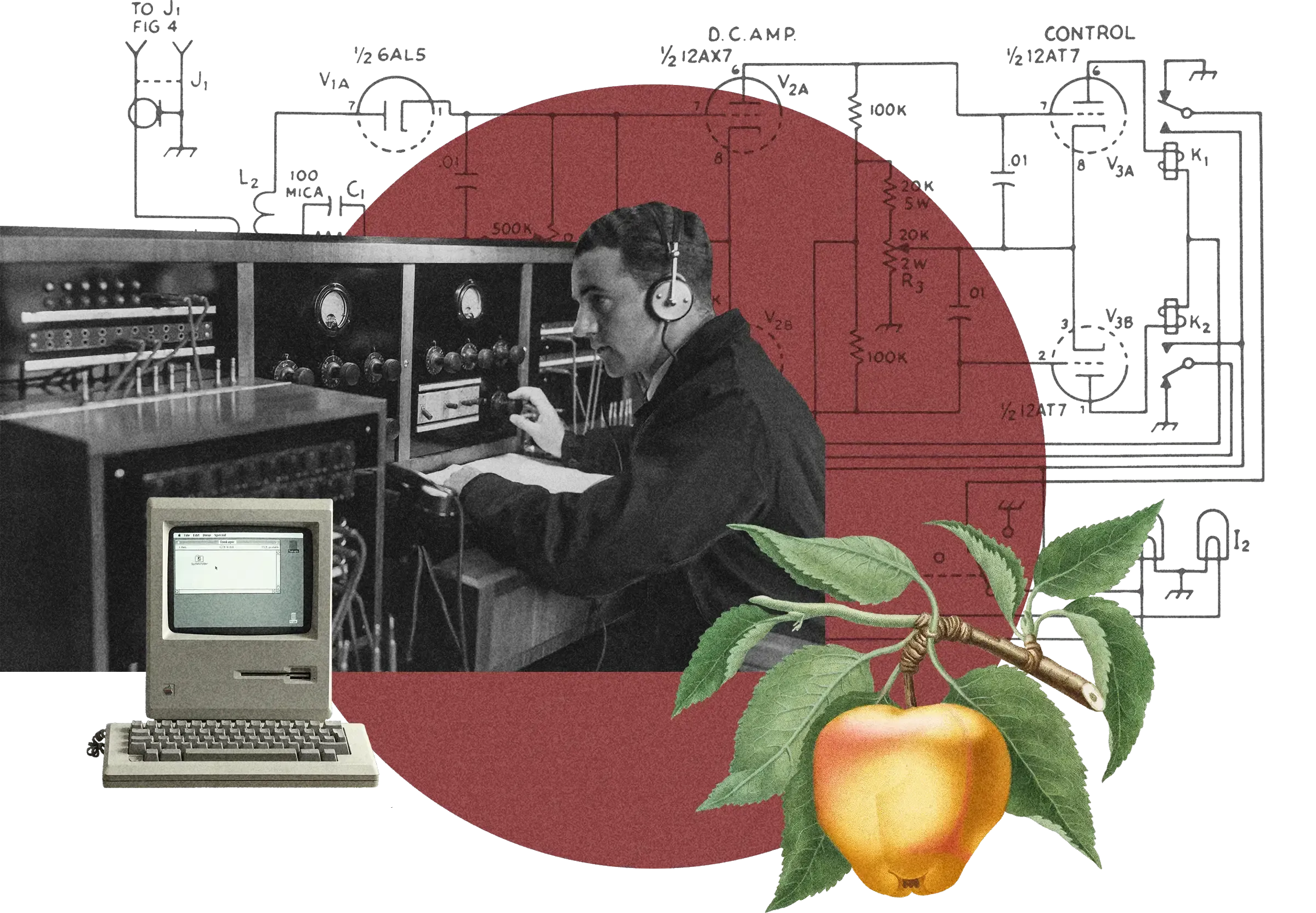 Composite image: vintage photo of person with headphones at electronic console, early Macintosh computer, golden apple illustration, and circuit diagrams