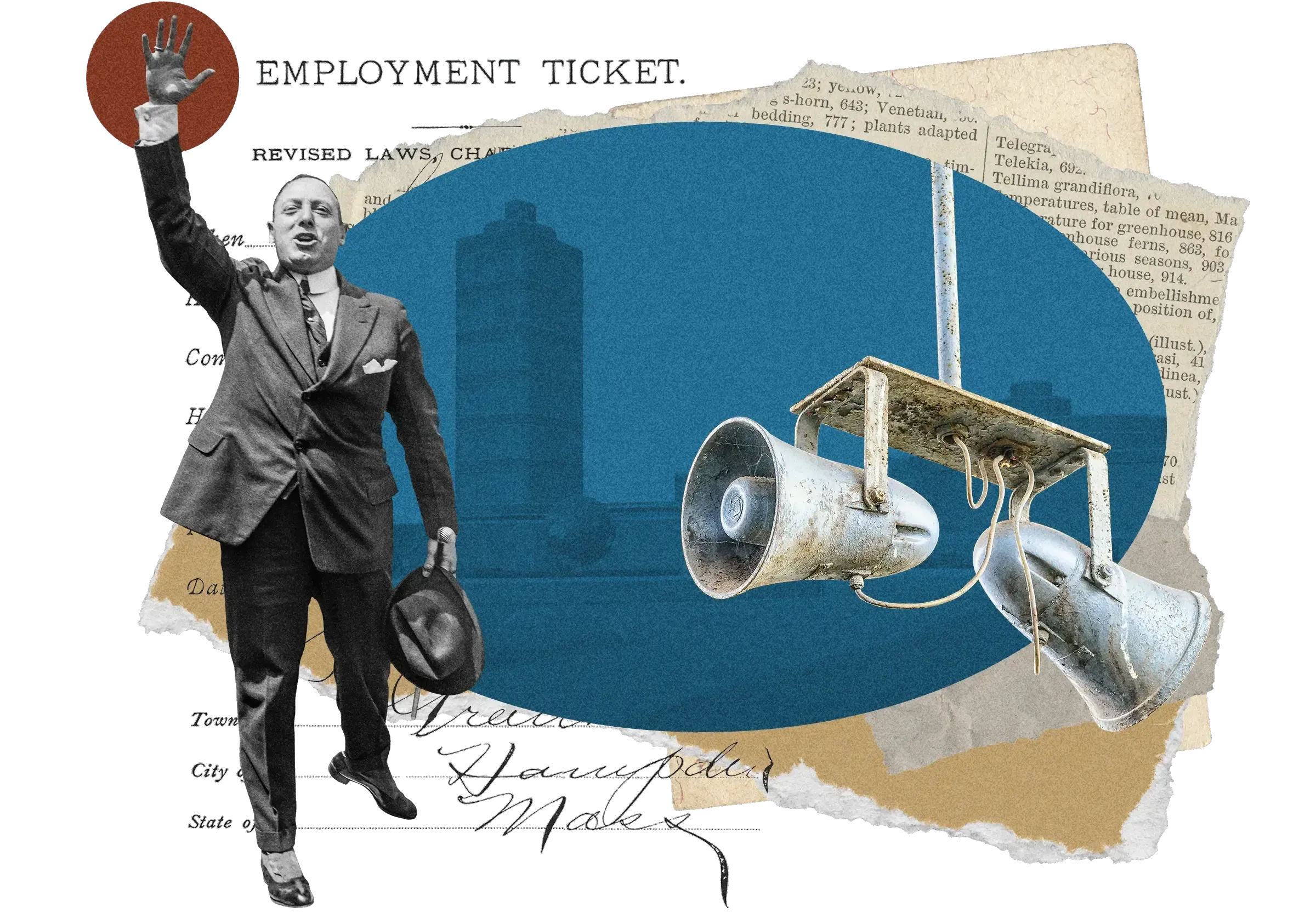 Collage: Man in suit jumping with raised hand, megaphones, employment ticket header, vintage signature, blue and red circles