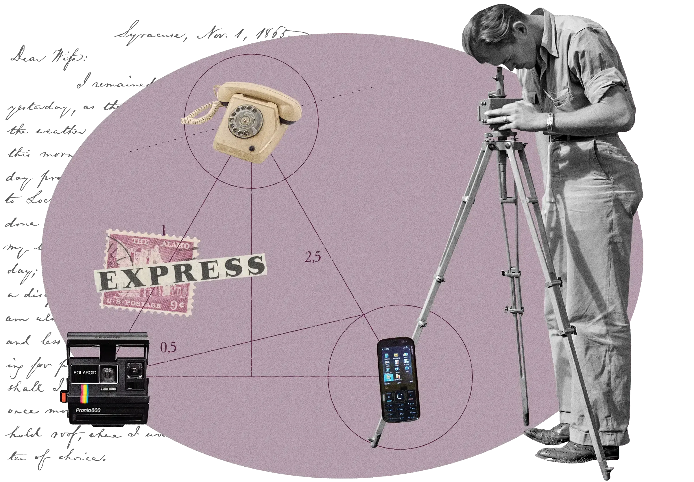 Collage on purple circle: vintage letter, rotary phone, Alamo stamp, Polaroid camera, cell phone, and surveyor with tripod, connected by lines