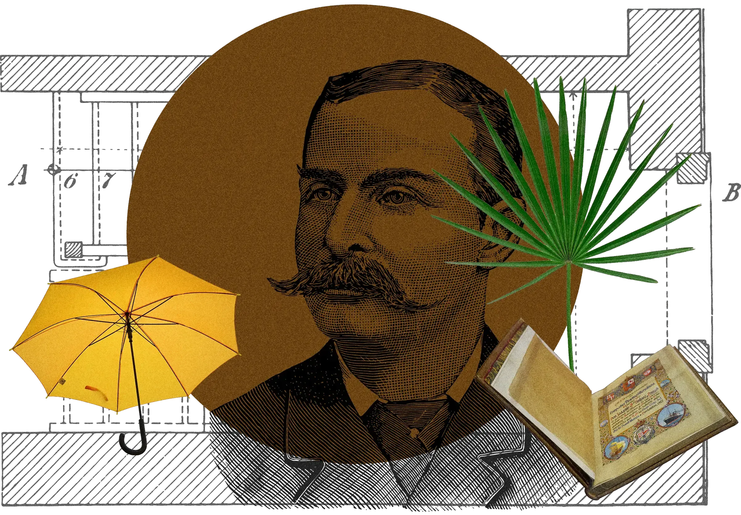 Collage: Engraved portrait of man with moustache, yellow umbrella, palm frond, antique book, technical drawings, on brown circle