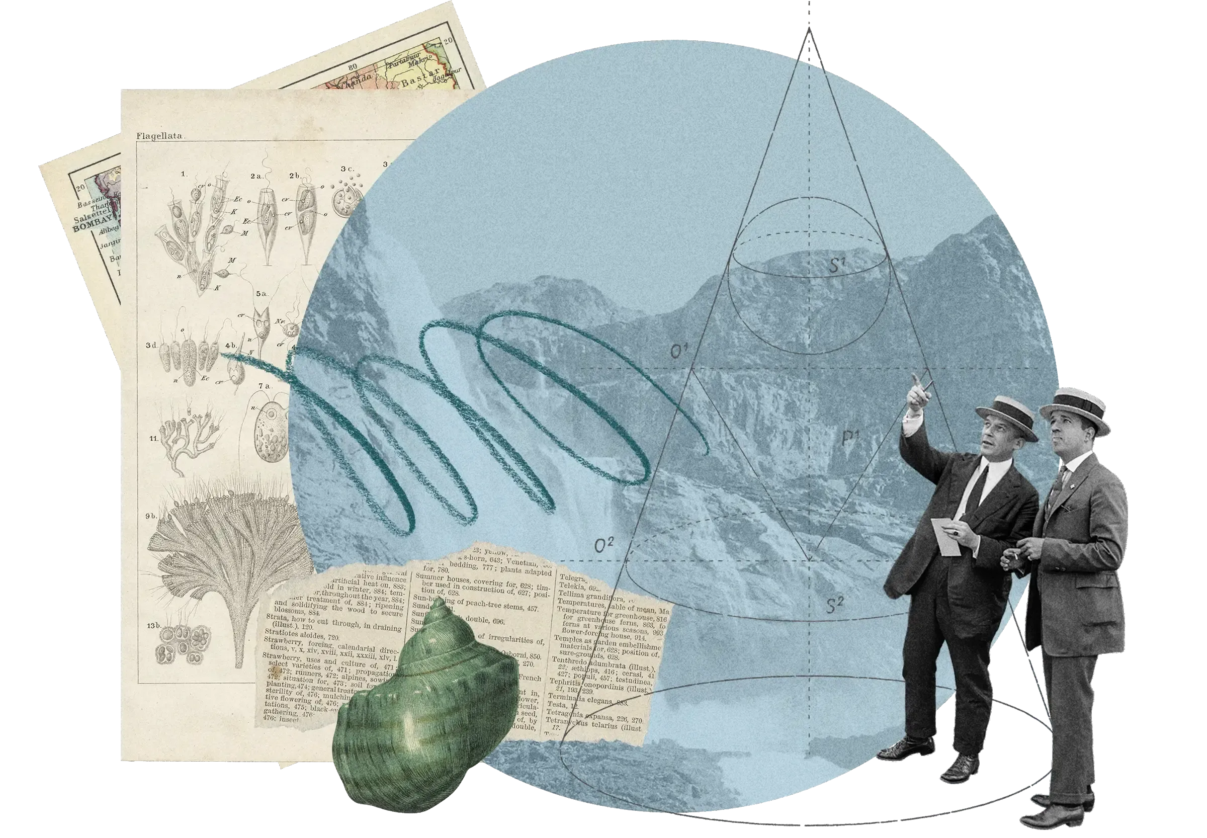 Collage: Two men in suits gesturing, mountain landscape, green seashell, scientific diagram of flagellates, geometric drawings on blue circle