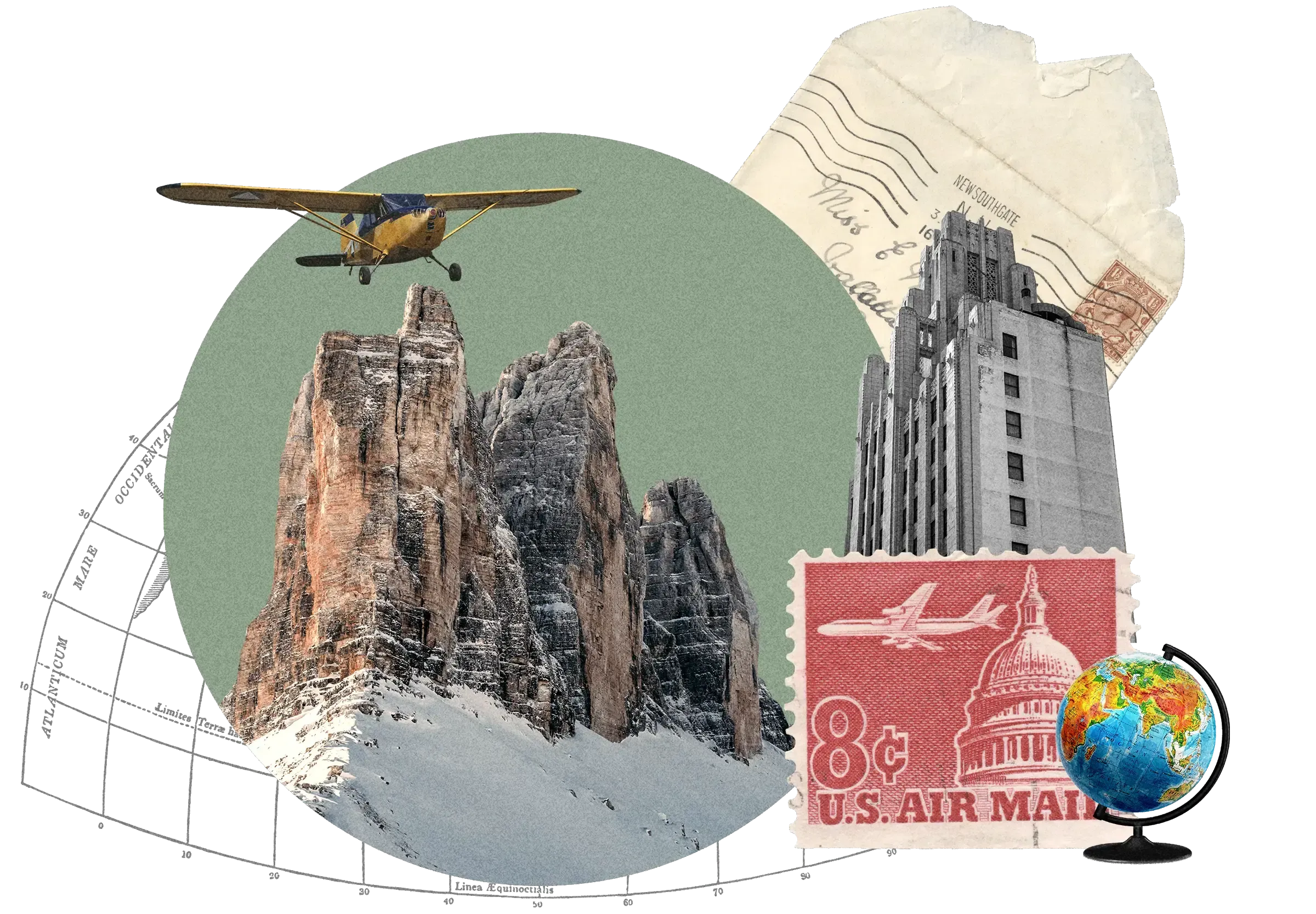 Collage: Rocky mountain peaks, vintage Cessna plane, Art Deco building, US Air Mail stamp, world globe, geometric chart on green circle