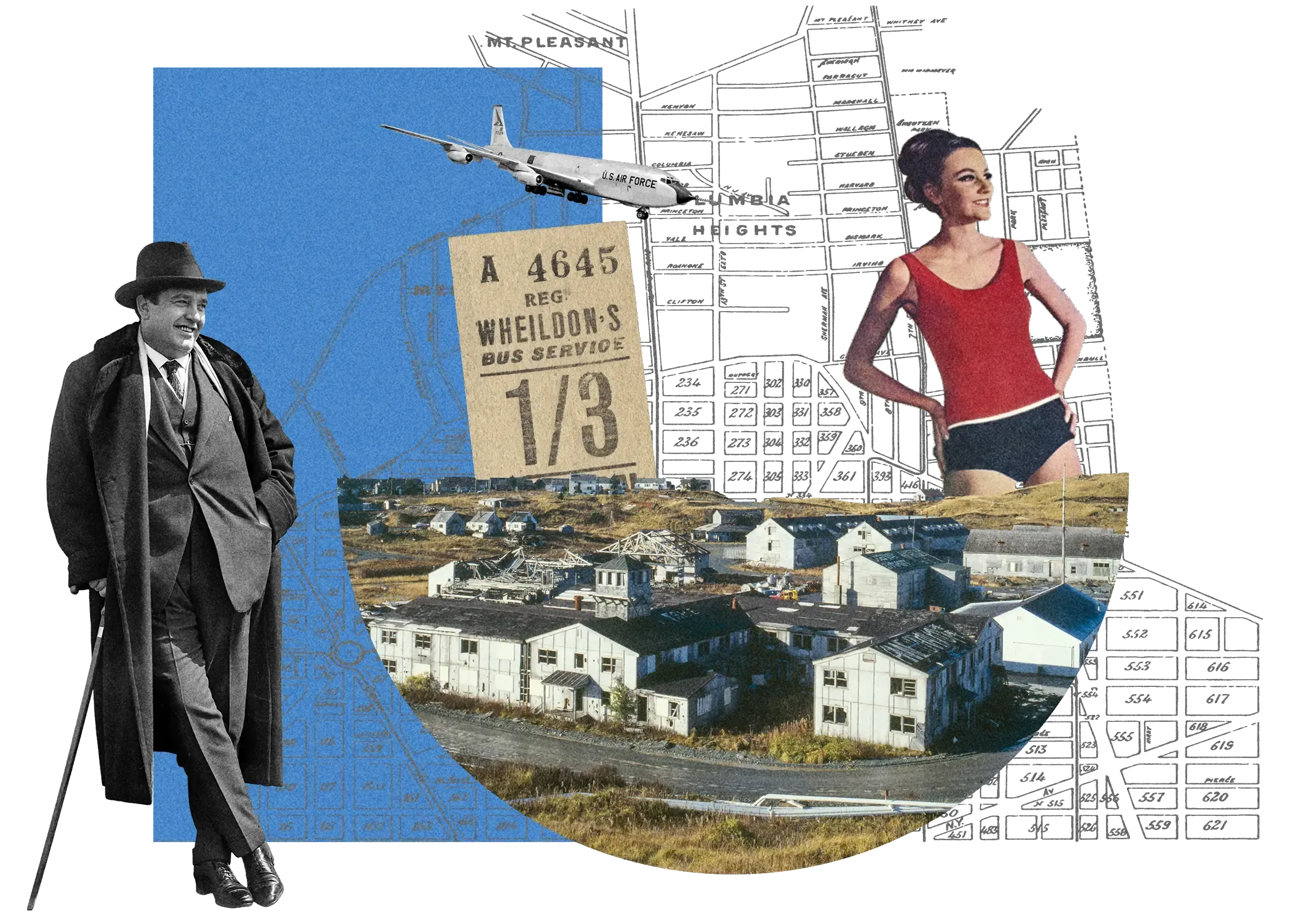 Collage: Man in suit with cane, air force plane, housing development, Wheildon's bus ticket, woman in red swimsuit, street map of Mt. Pleasant