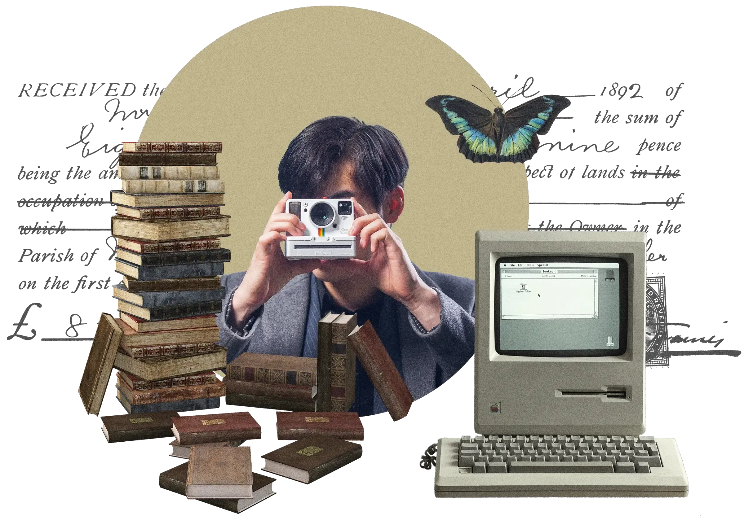 Collage: Man with Polaroid camera, stack of vintage books, early Macintosh computer, blue butterfly, on antique receipt background