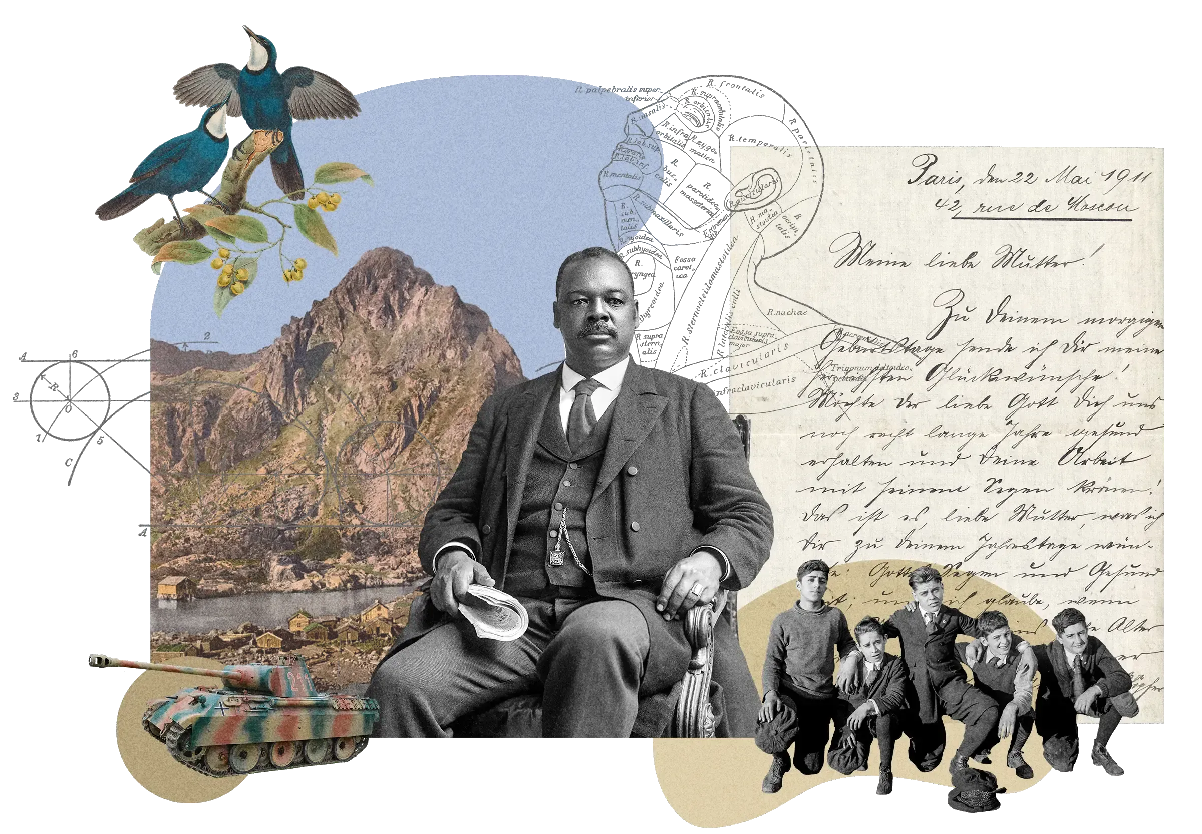 Collage with suited man, mountain village, blue birds, tank, vintage letter in German, group of boys, and anatomical brain diagram