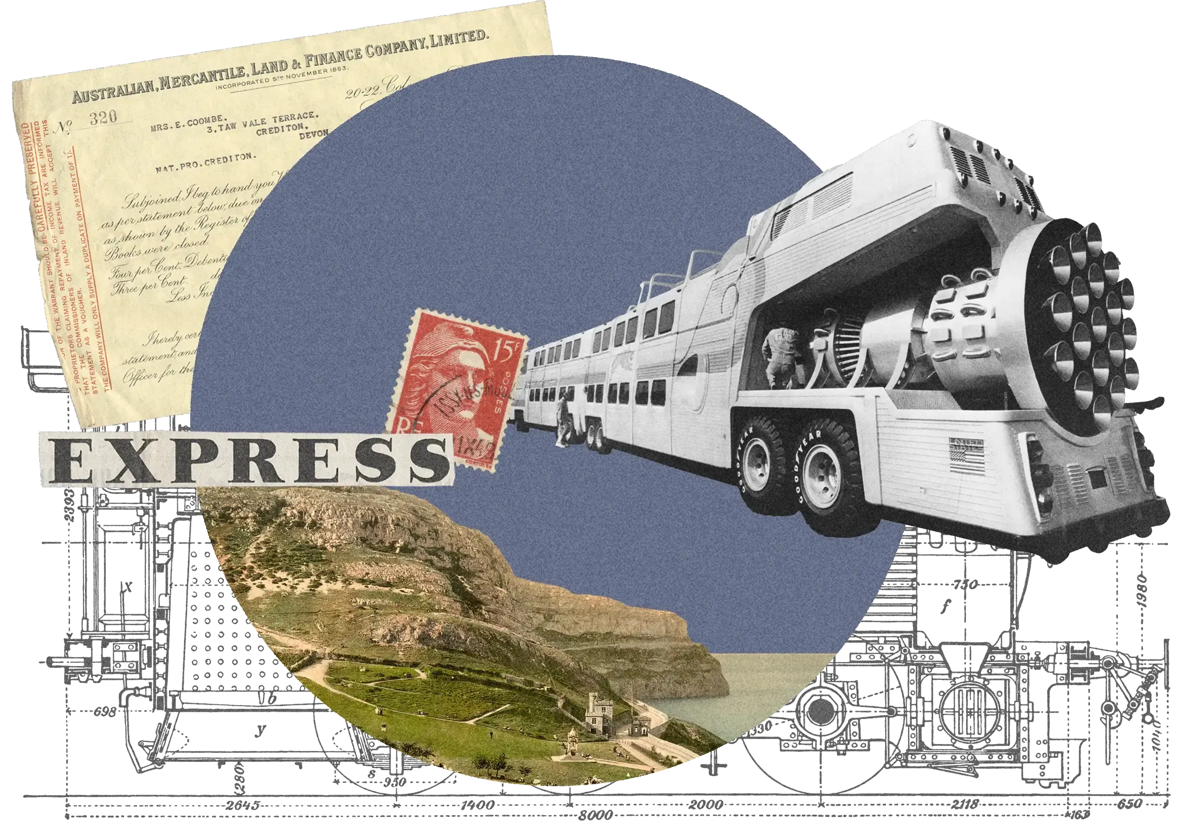 Collage: Rocket propelled bus, coastal landscape, 'EXPRESS' text, technical drawings, vintage Australian document, red stamp, on navy circle