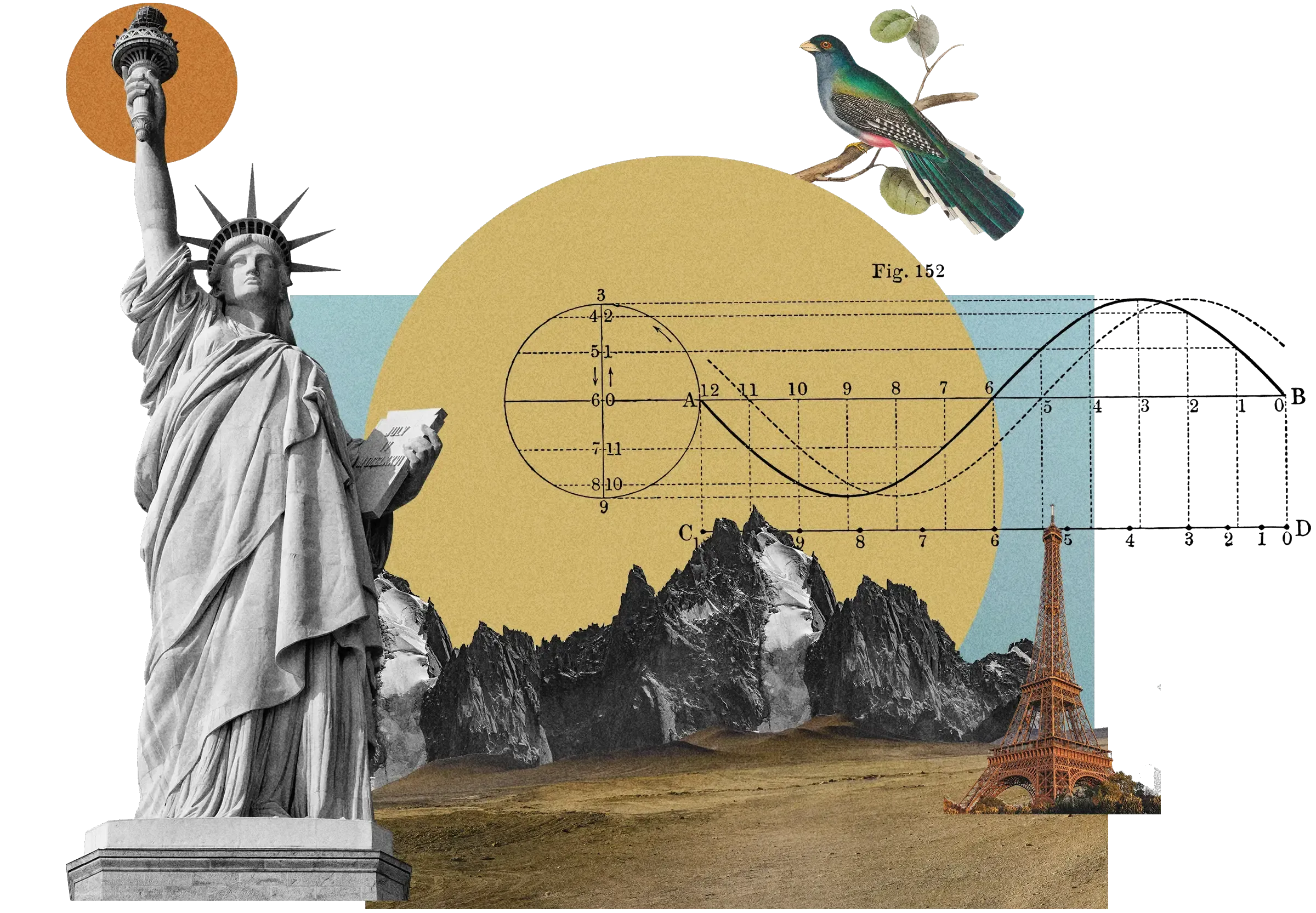 Surreal collage: Statue of Liberty, Eiffel Tower, mountain range, geometric diagram 'Fig. 152', green bird, on yellow and blue circles