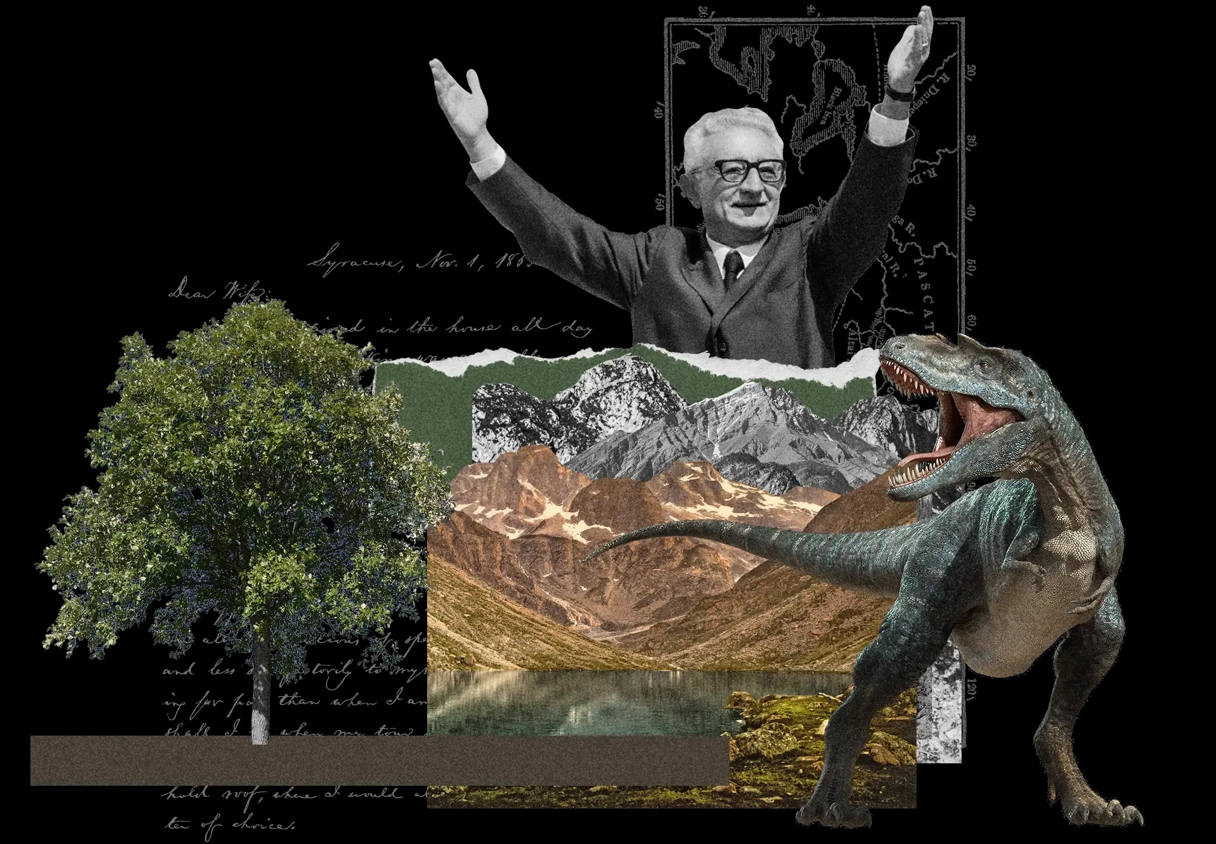 Surreal collage: Man with raised arms, T-Rex dinosaur, mountain lake landscape, large oak tree, vintage handwritten letter background