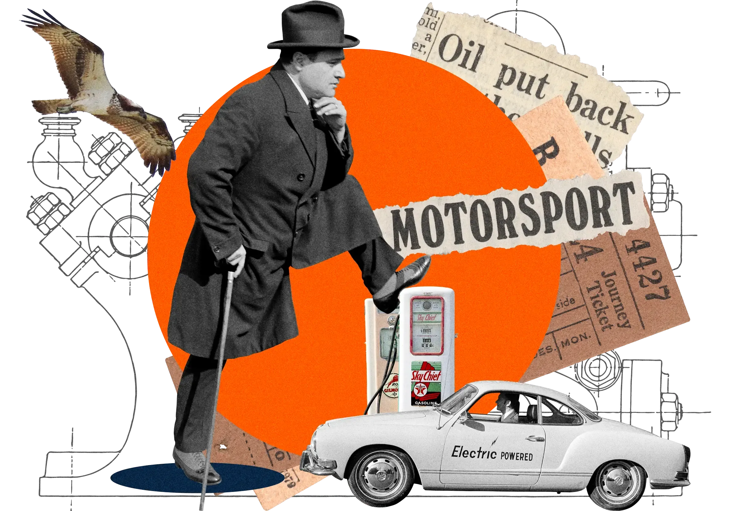 Collage with vintage man in suit, electric car, gas pump, eagle, and 'MOTORSPORT' text against orange circle and technical drawings background.