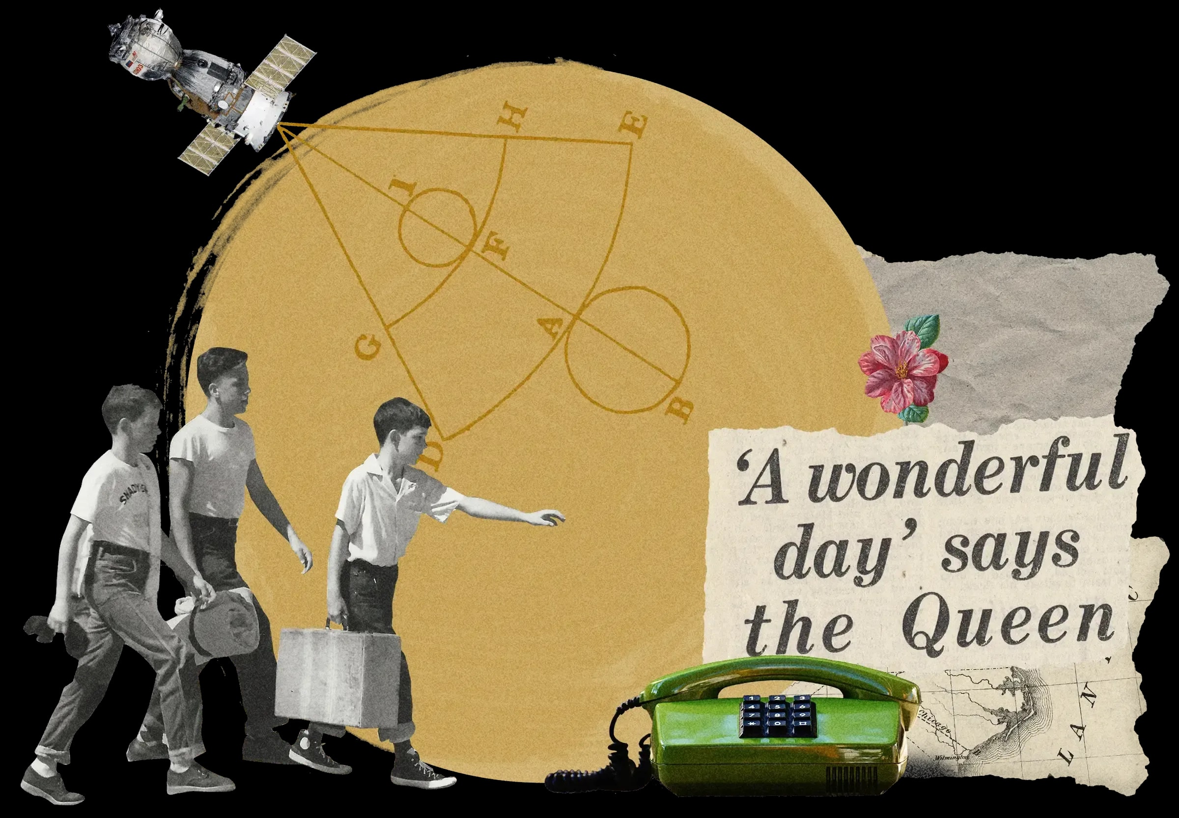 Collage: Three boys walking with luggage, satellite, green phone, headline 'A wonderful day says the Queen', geometric diagram on gold circle