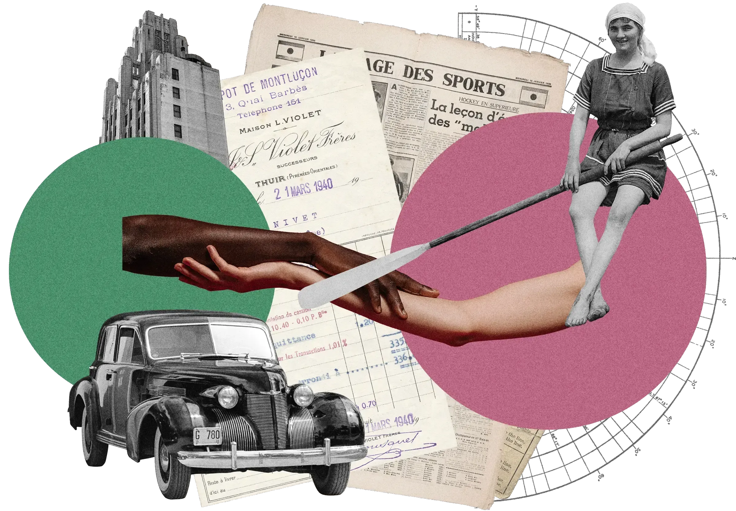 Collage: Art deco building, vintage French documents, 1940s car, reaching hands, woman in sailor suit on pink and green circles with graph