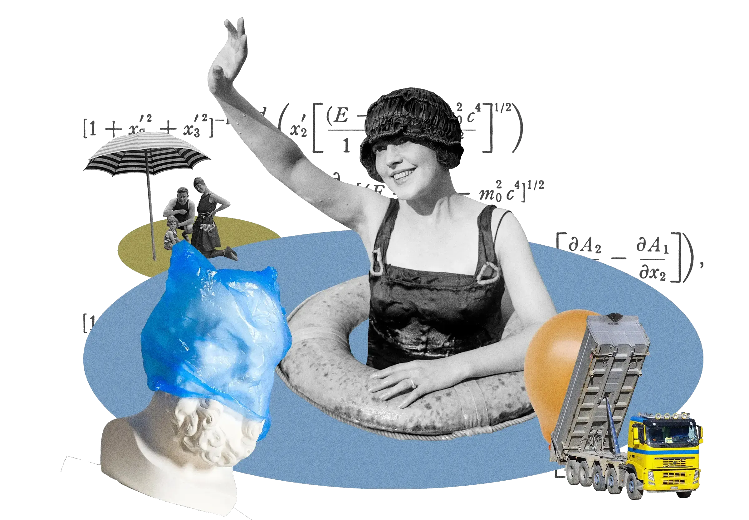 Collage on blue oval: Woman in vintage swimwear with inner tube, classical bust with blue bag, dump truck, math equations, beach scene