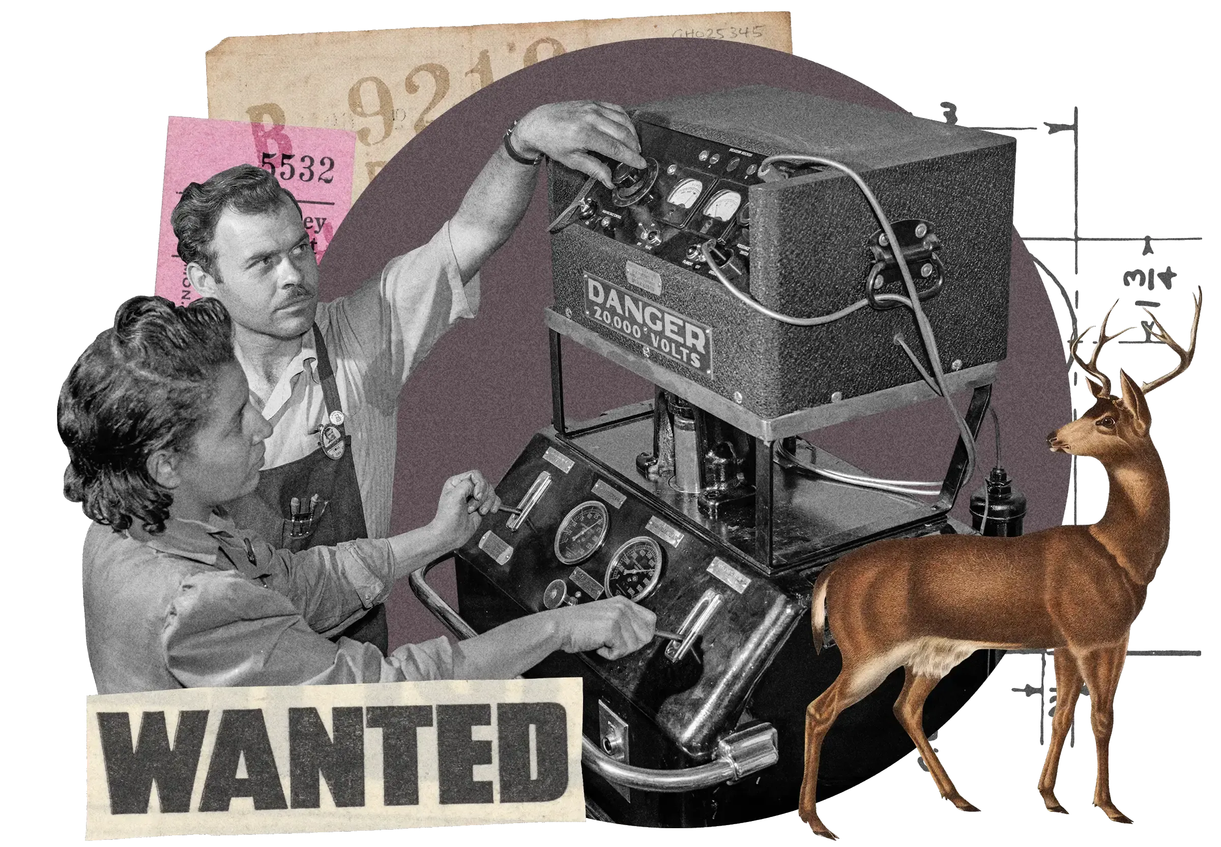 Collage: Two people working on machine with 'DANGER' sign, deer illustration, 'WANTED' text, vintage numbers on purple circle