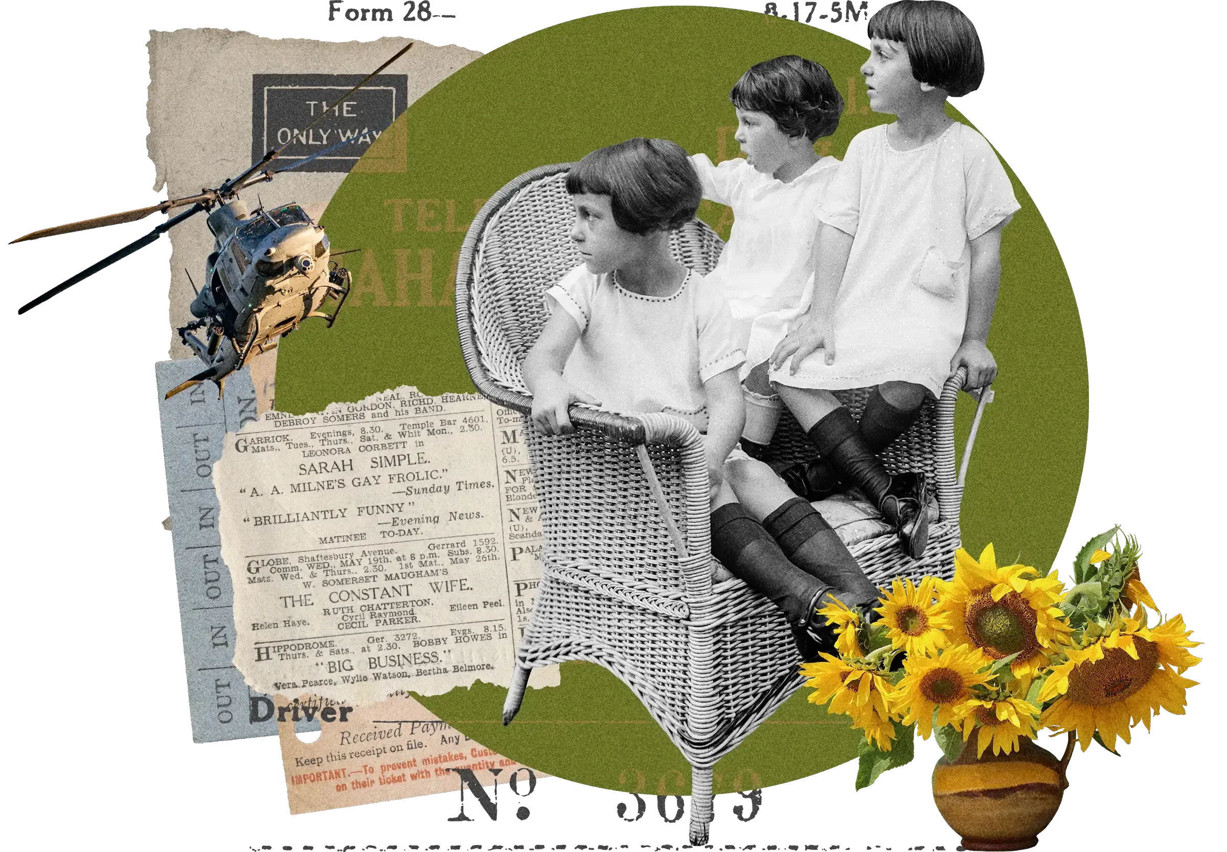 Collage: Three girls in white dresses on wicker chair, vintage theatre ads, helicopter, sunflowers in vase, on olive green circle