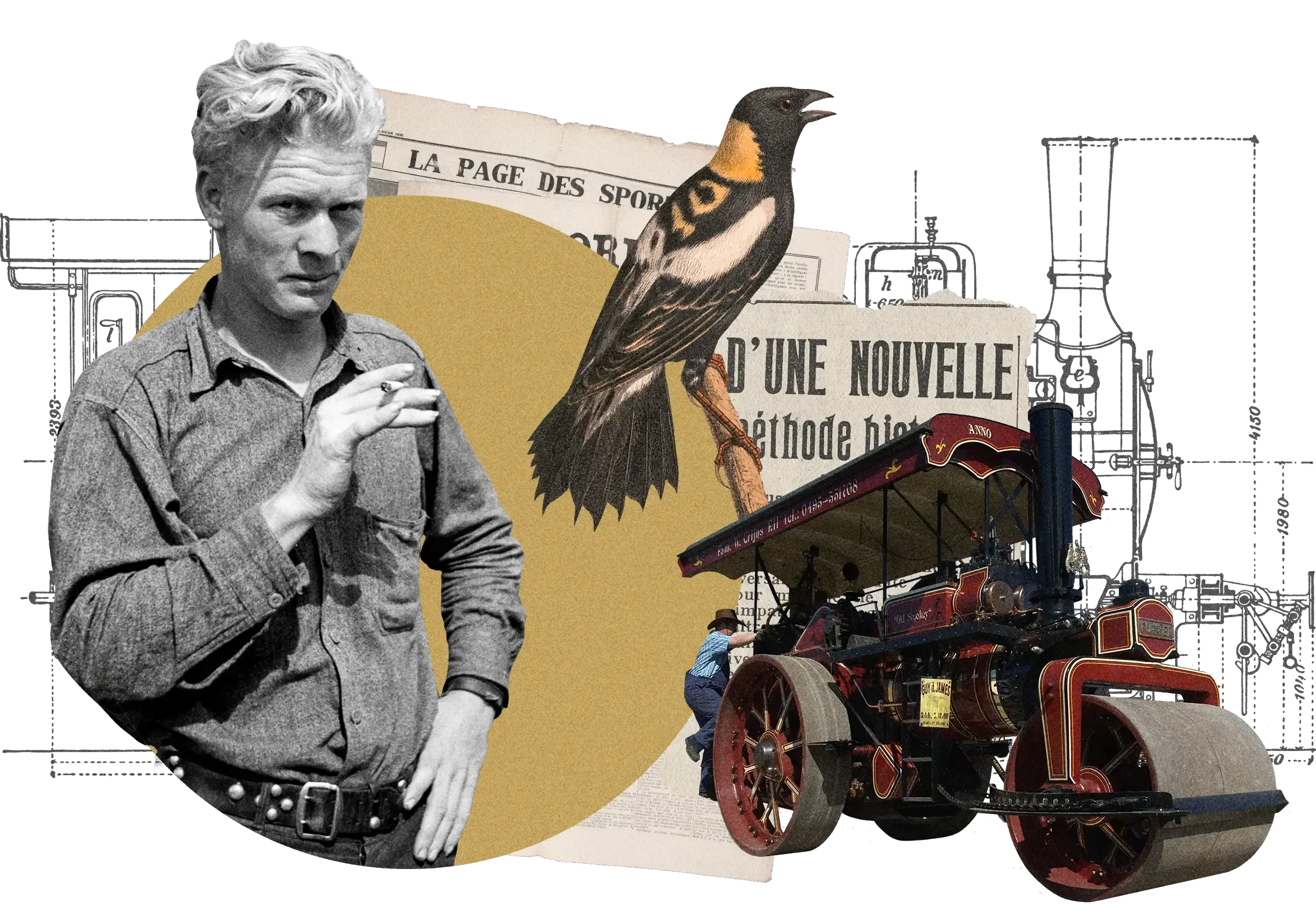 Collage: Man in work clothes, vintage steam roller, illustrated bird, French newspaper header, technical drawings, gold circle