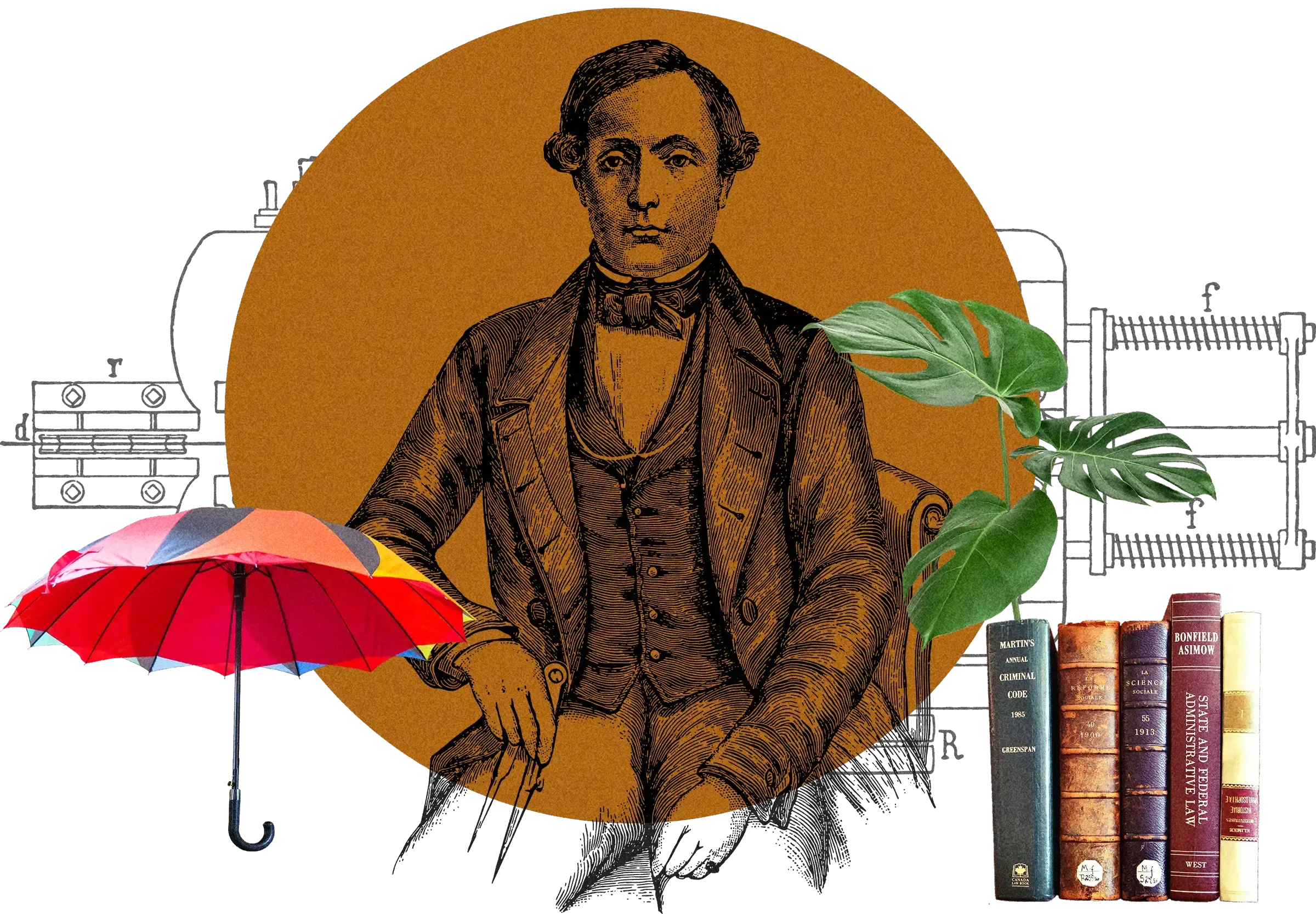 Collage: Victorian engraving of man in suit, red umbrella, monstera plant leaves, vintage law books, technical diagrams, brown circle