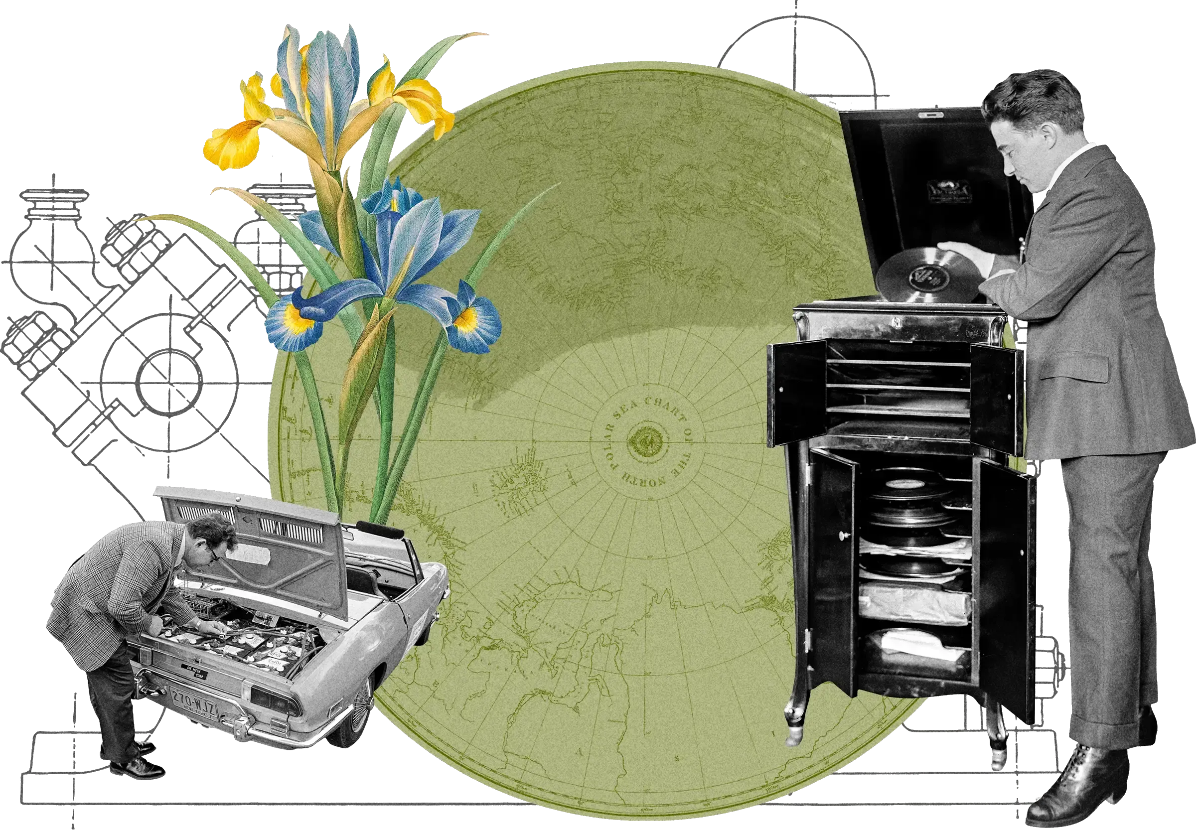 Vintage collage: mechanic checking car engine, man with record cabinet, blue and yellow iris flowers, technical drawings on olive green circle