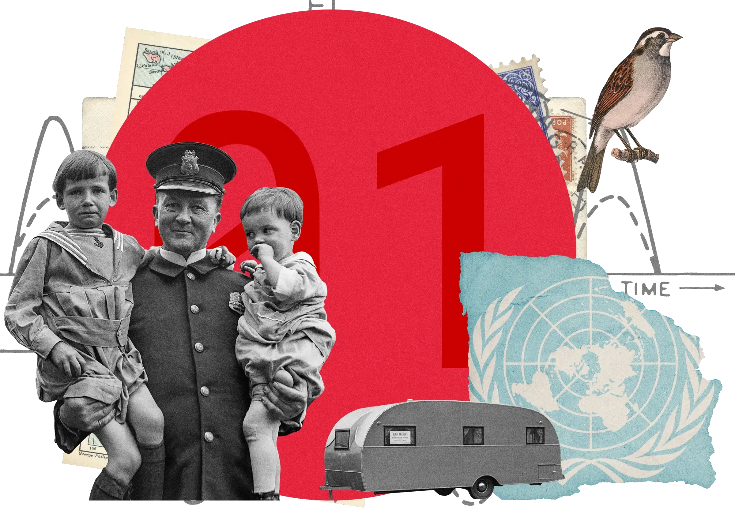 Collage: Vintage photo of uniformed man with two boys, caravan trailer, UN logo, sparrow, red circular background with large 01