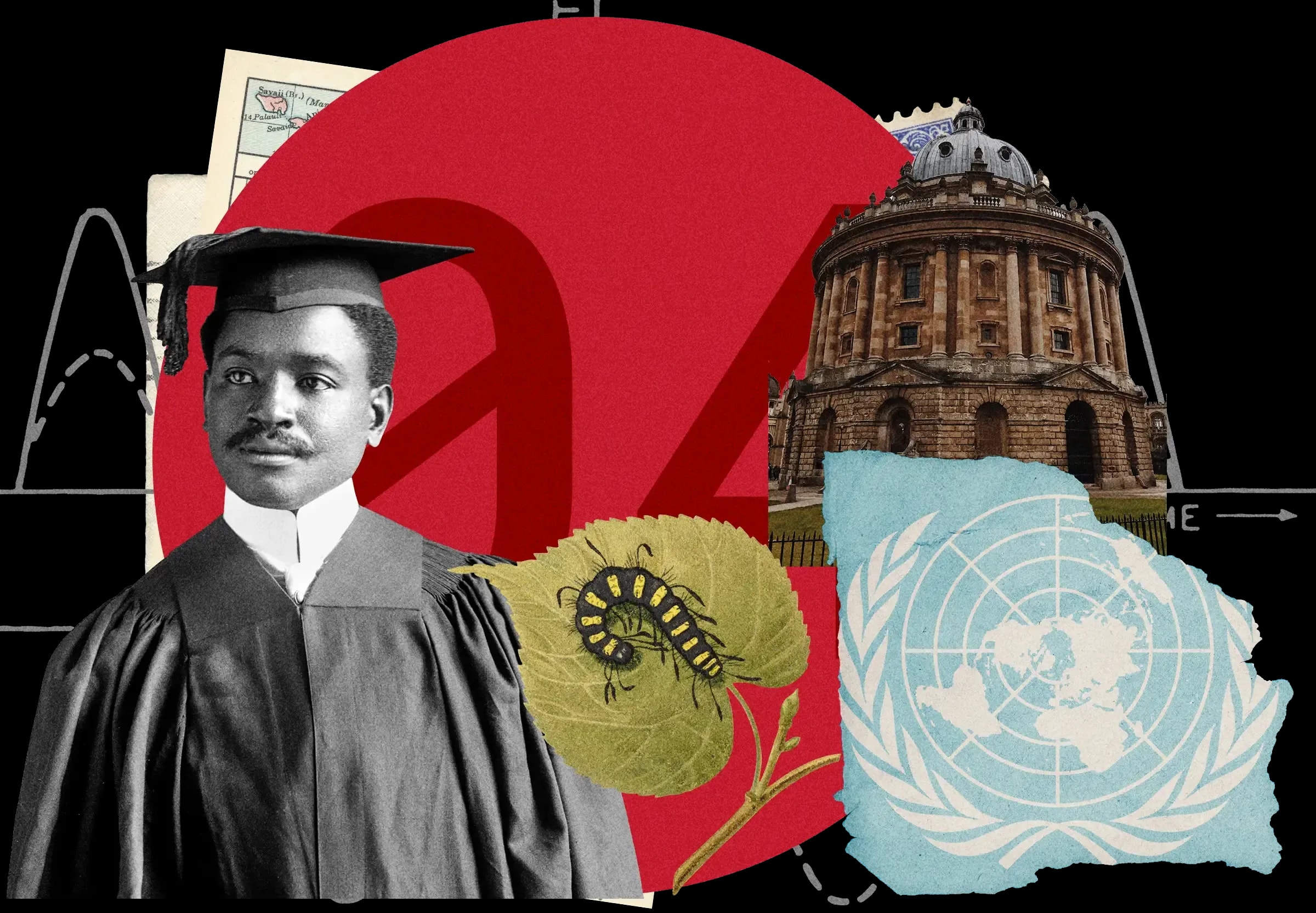 Collage: Graduate in cap and gown, Oxford University building, caterpillar on leaf, UN logo, number 04 on red circle background