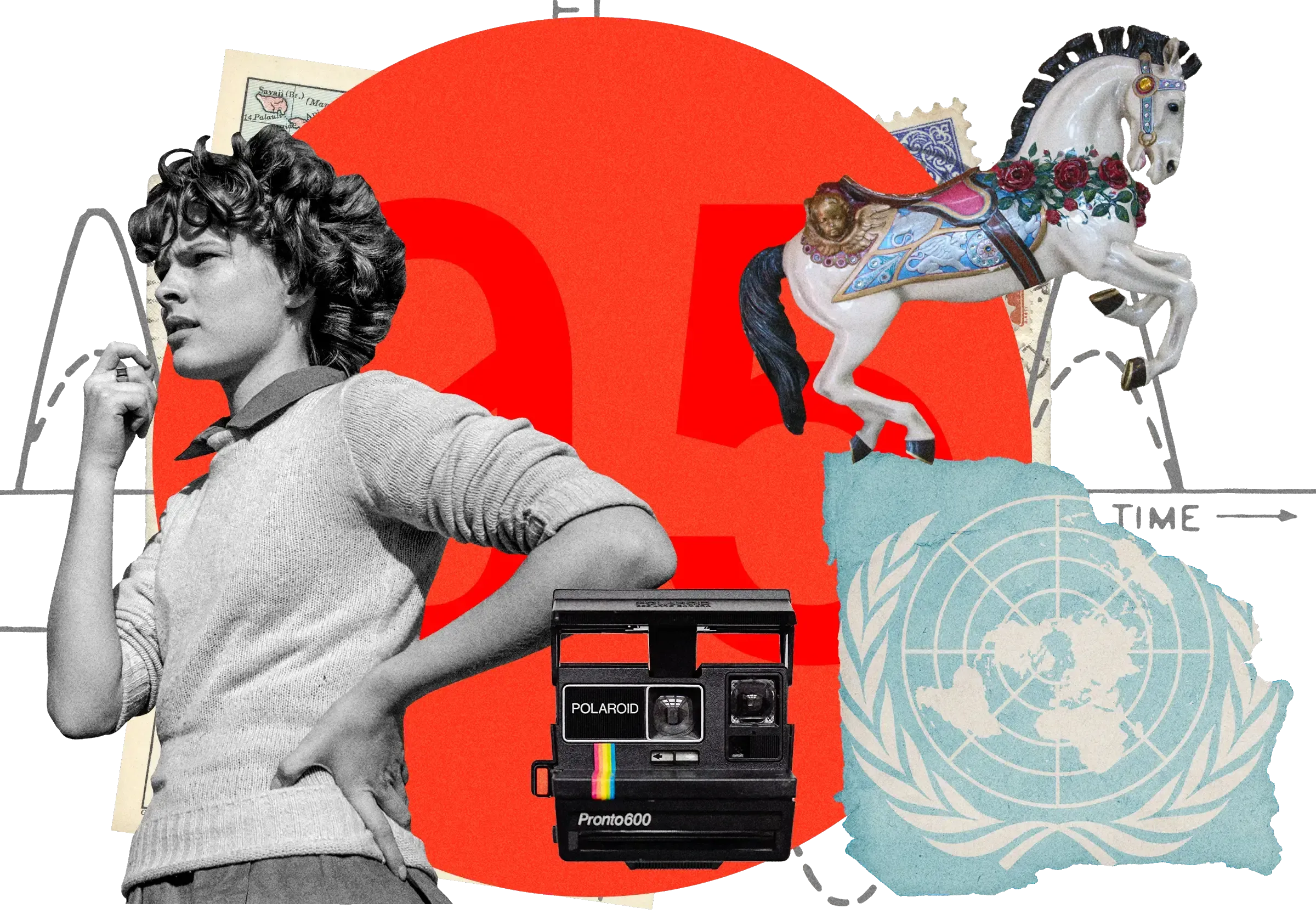 Collage with vintage photo of young person, Polaroid camera, carousel horse, UN logo, and number 5 against red circular background with 'TIME' arrow.