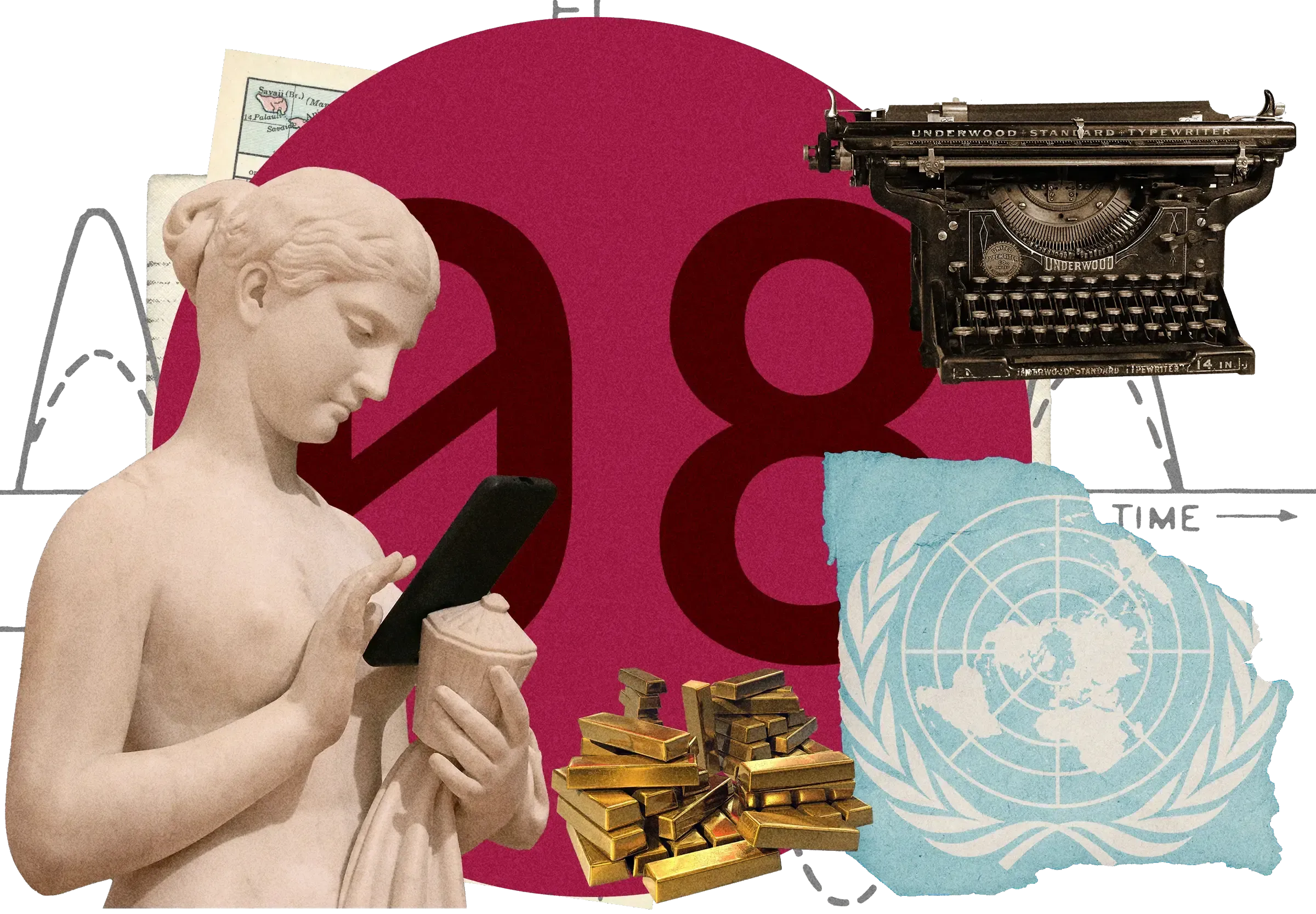 Collage featuring classical statue, Underwood typewriter, gold bars, UN logo, and number 8 against burgundy circular background with 'TIME' arrow.