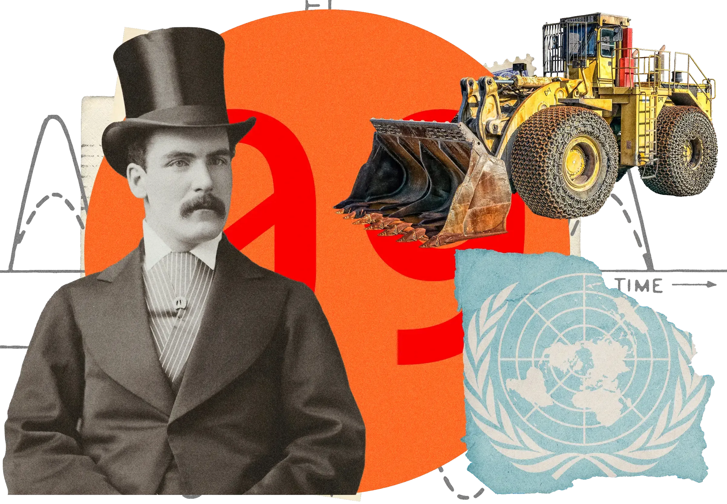 Collage featuring Victorian man in top hat, yellow mining excavator, UN logo, and number 9 against orange circular background with 'TIME' arrow.