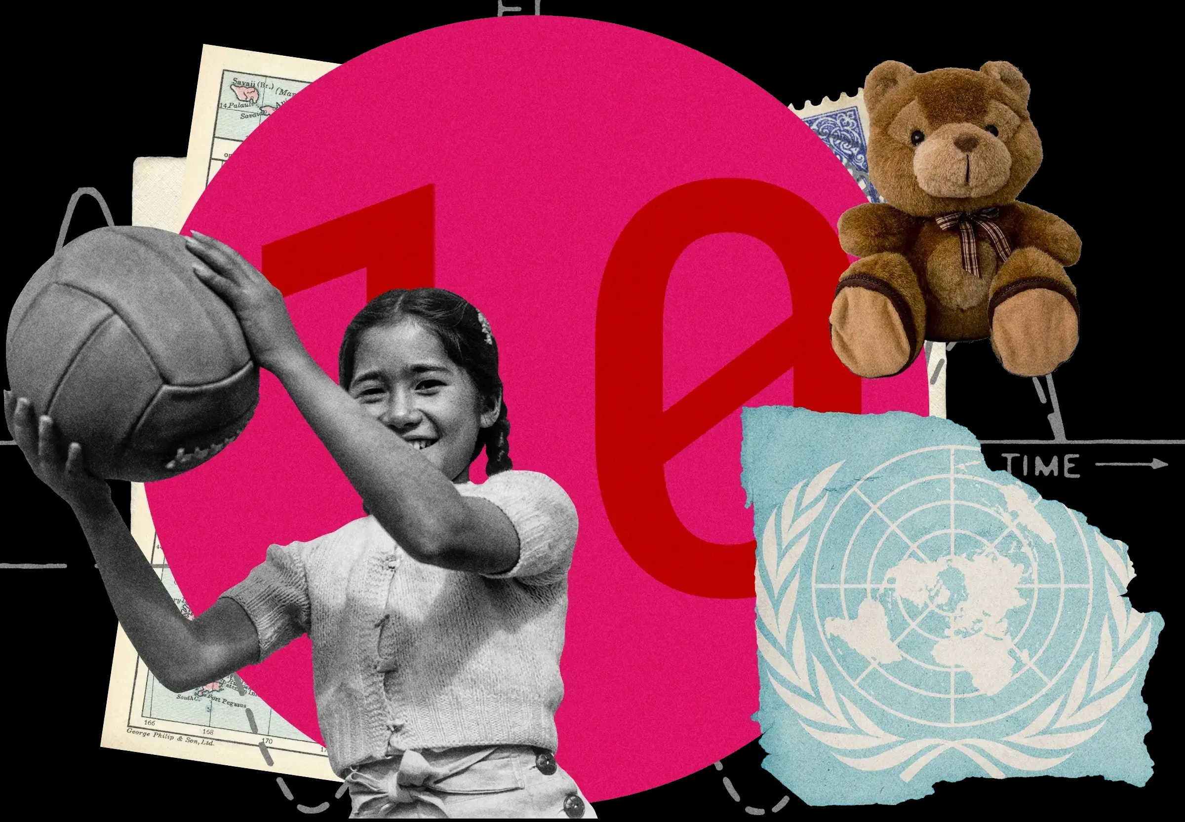 Collage with vintage photo of girl playing ball, teddy bear, UN logo, and number 10 against pink circular background with 'TIME' arrow.