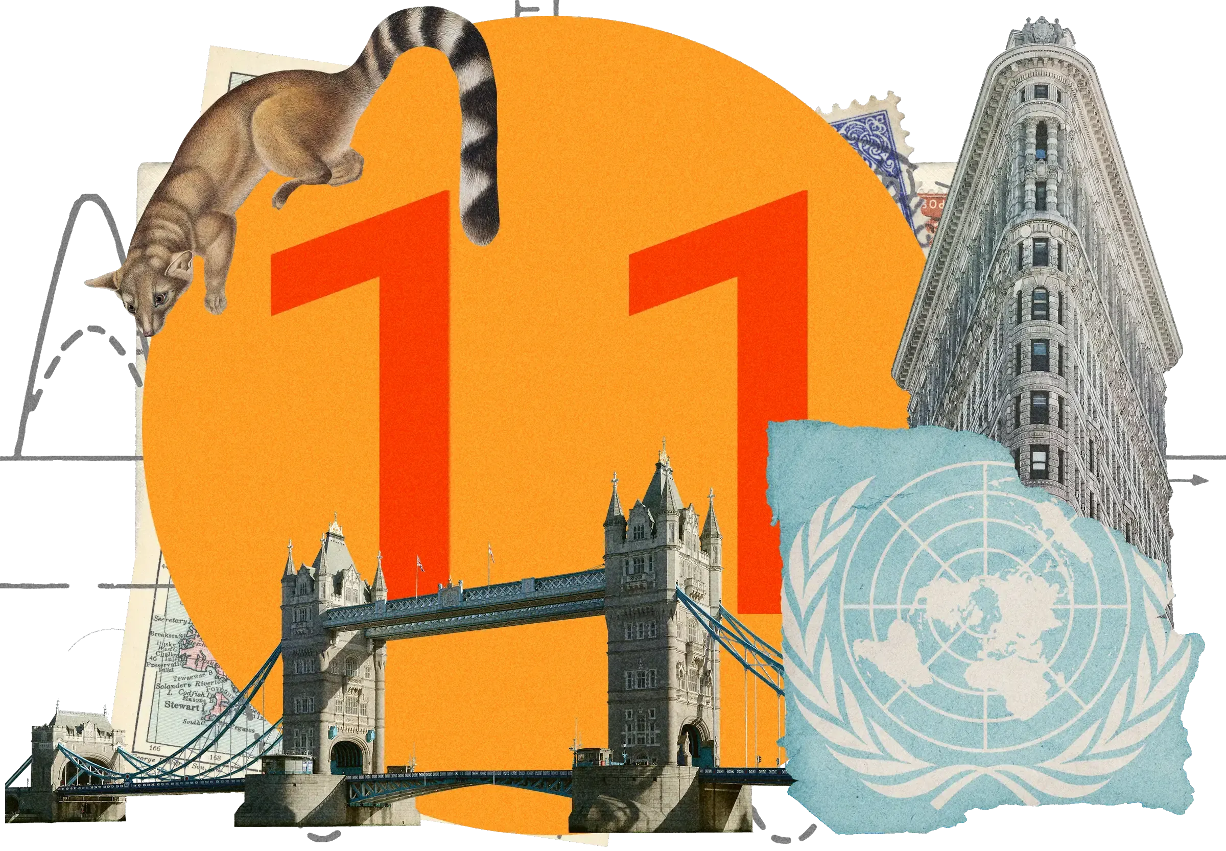 Collage featuring London's Tower Bridge, Flatiron Building, cat with striped tail, UN logo, and number 11 against orange circular background with 'TIME' arrow.