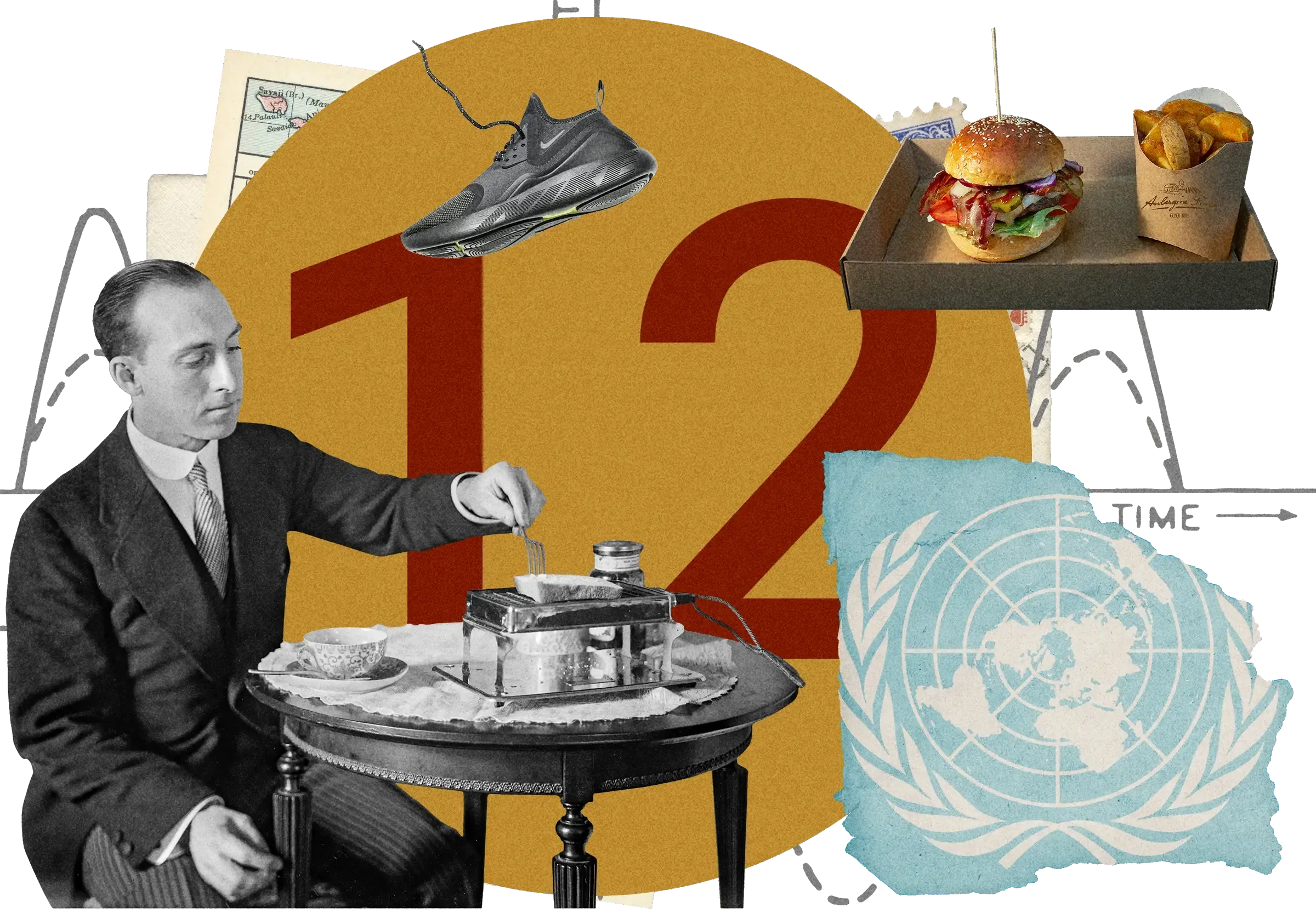 Collage with vintage man at tea table, modern sneaker, burger and fries, UN logo, and number 12 against golden circular background with 'TIME' arrow.