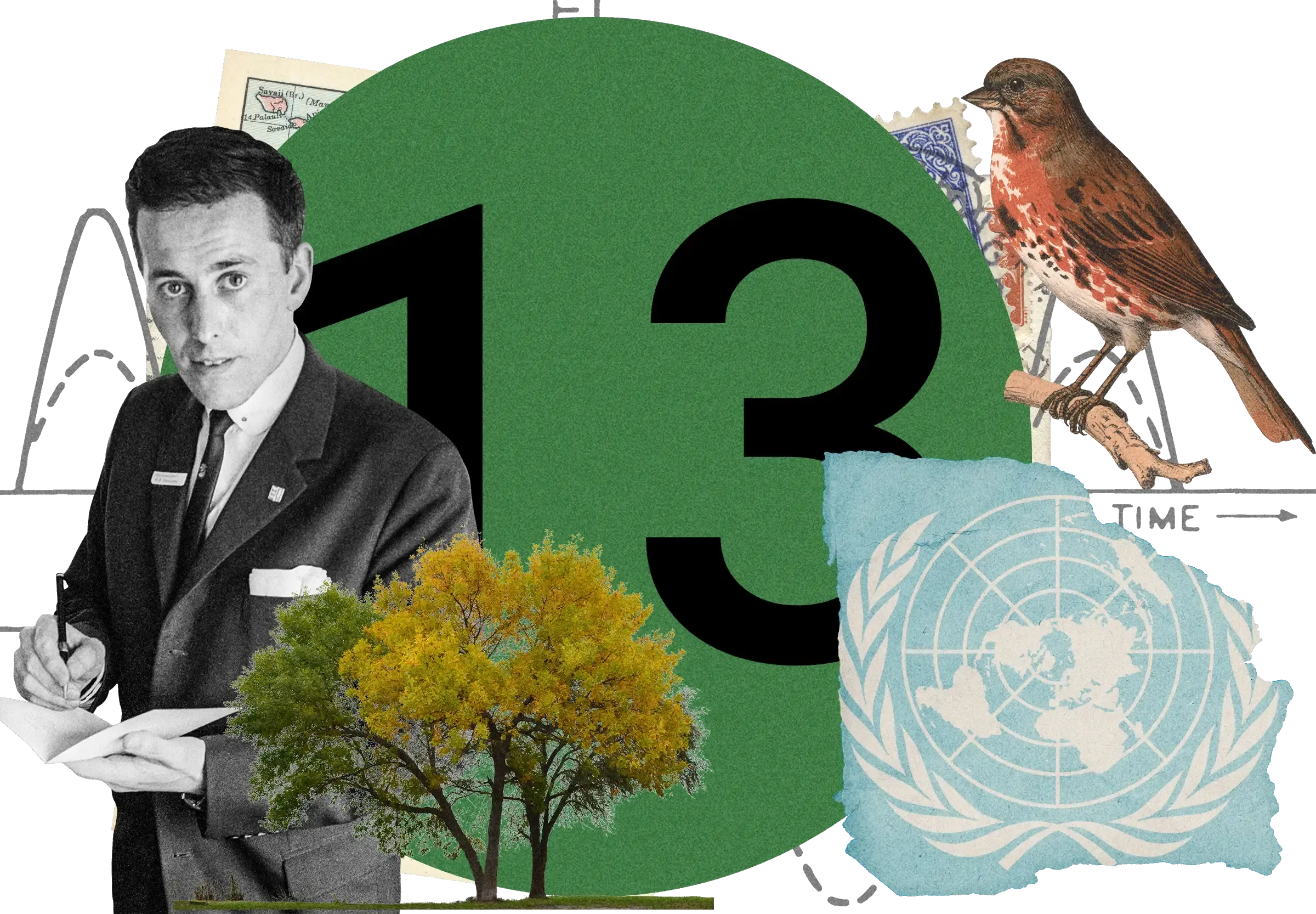 Collage featuring businessman in suit, autumn trees, red sparrow, UN logo, and number 13 against green circular background with 'TIME' arrow.