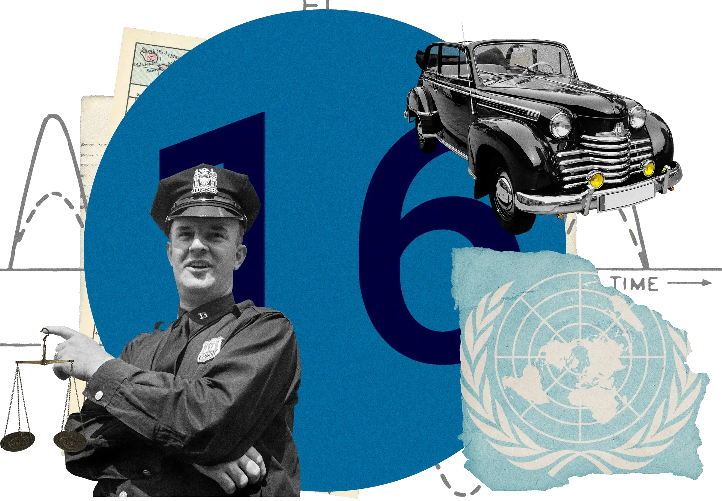 Collage featuring vintage police officer, classic 1940s car, scales of justice, and UN logo against navy blue circular background with 'TIME' arrow.