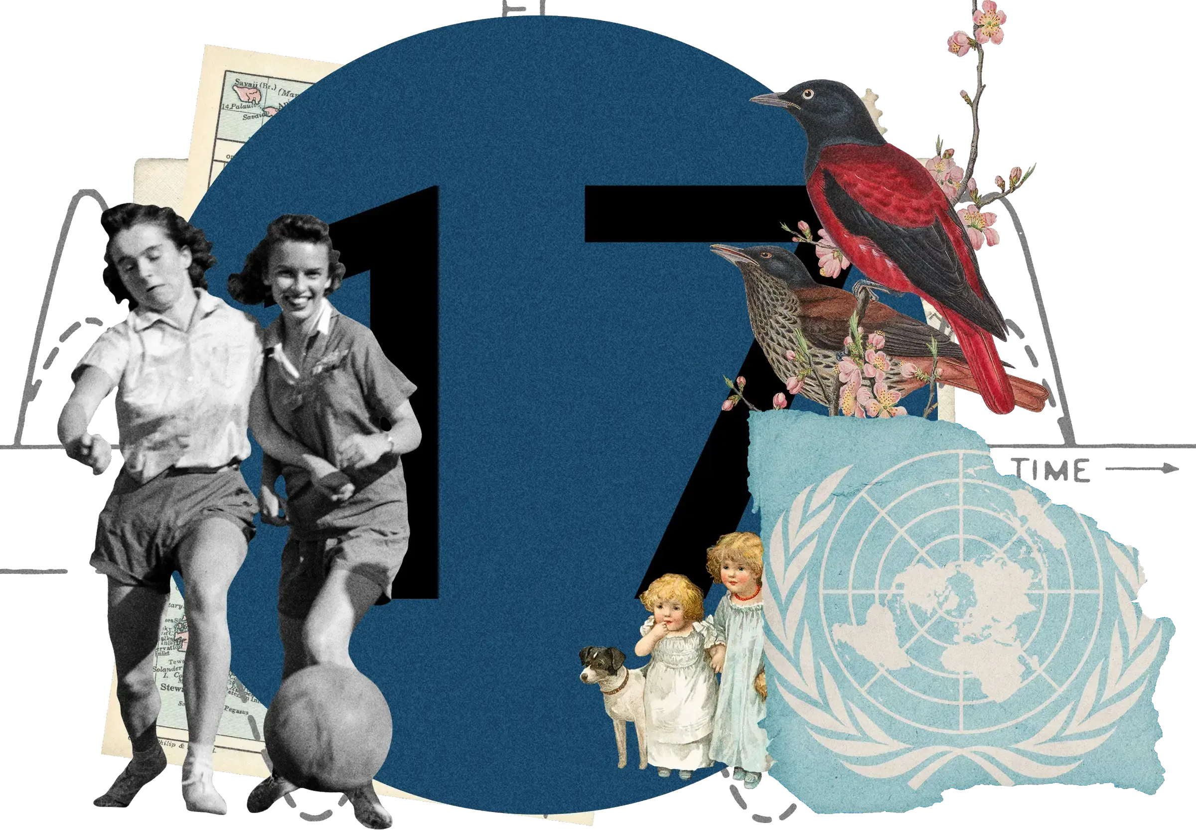 Collage with vintage photo of women playing ball, birds on cherry blossoms, children with dog, and UN logo on navy blue circular background.