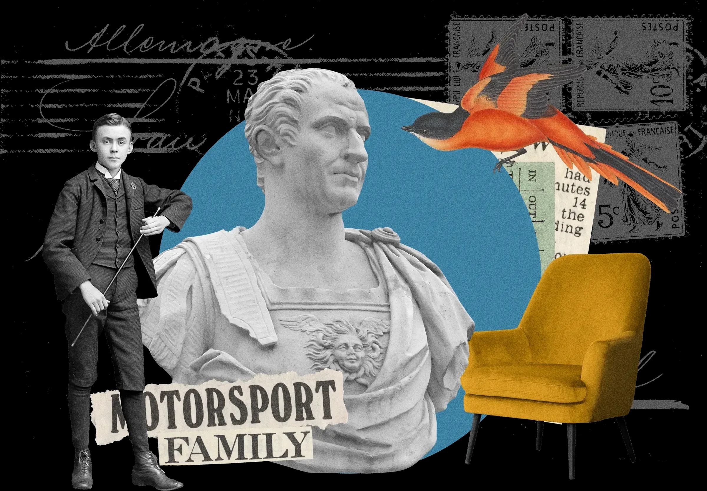 Vintage collage featuring young man in suit, classical bust sculpture, orange bird, yellow armchair, and 'MOTORSPORT FAMILY' text against blue circle.