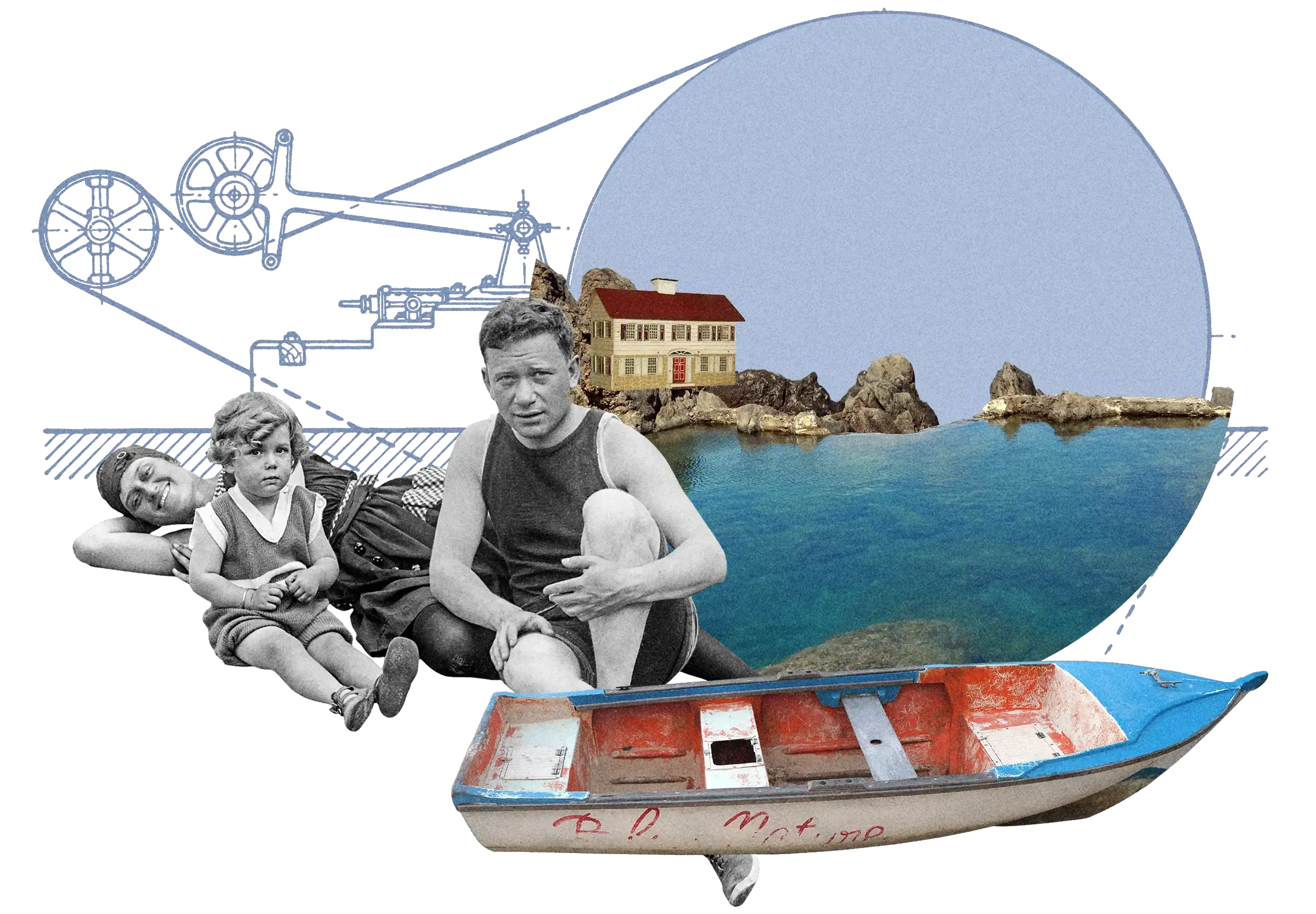 Collage: Vintage photo of family in swimwear, coastal house on rocks, small red and blue boat, technical diagram, on blue circle