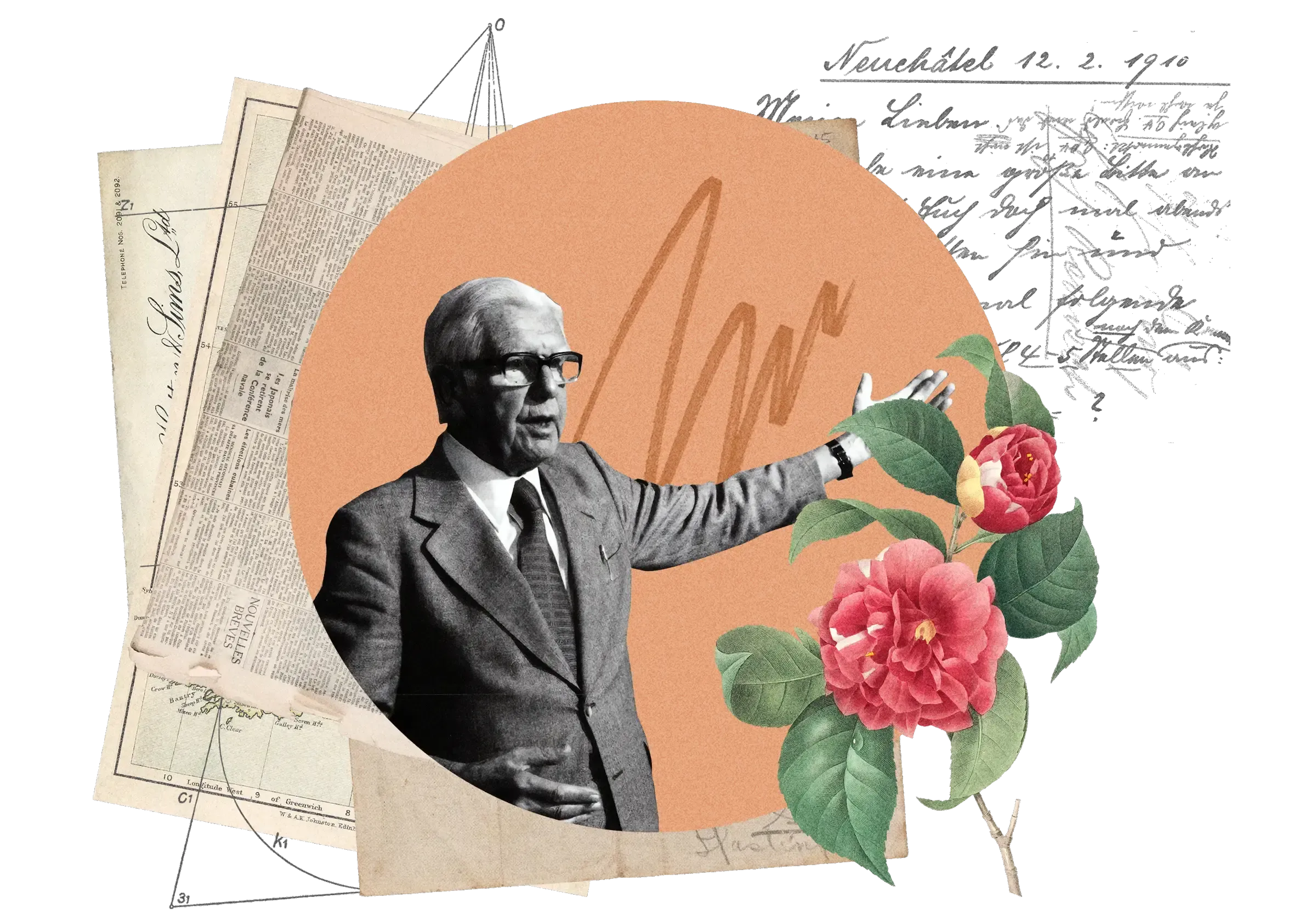 Collage: Elderly man in suit gesturing, red camellia flowers, vintage handwritten letters, geometric diagrams on peach circle