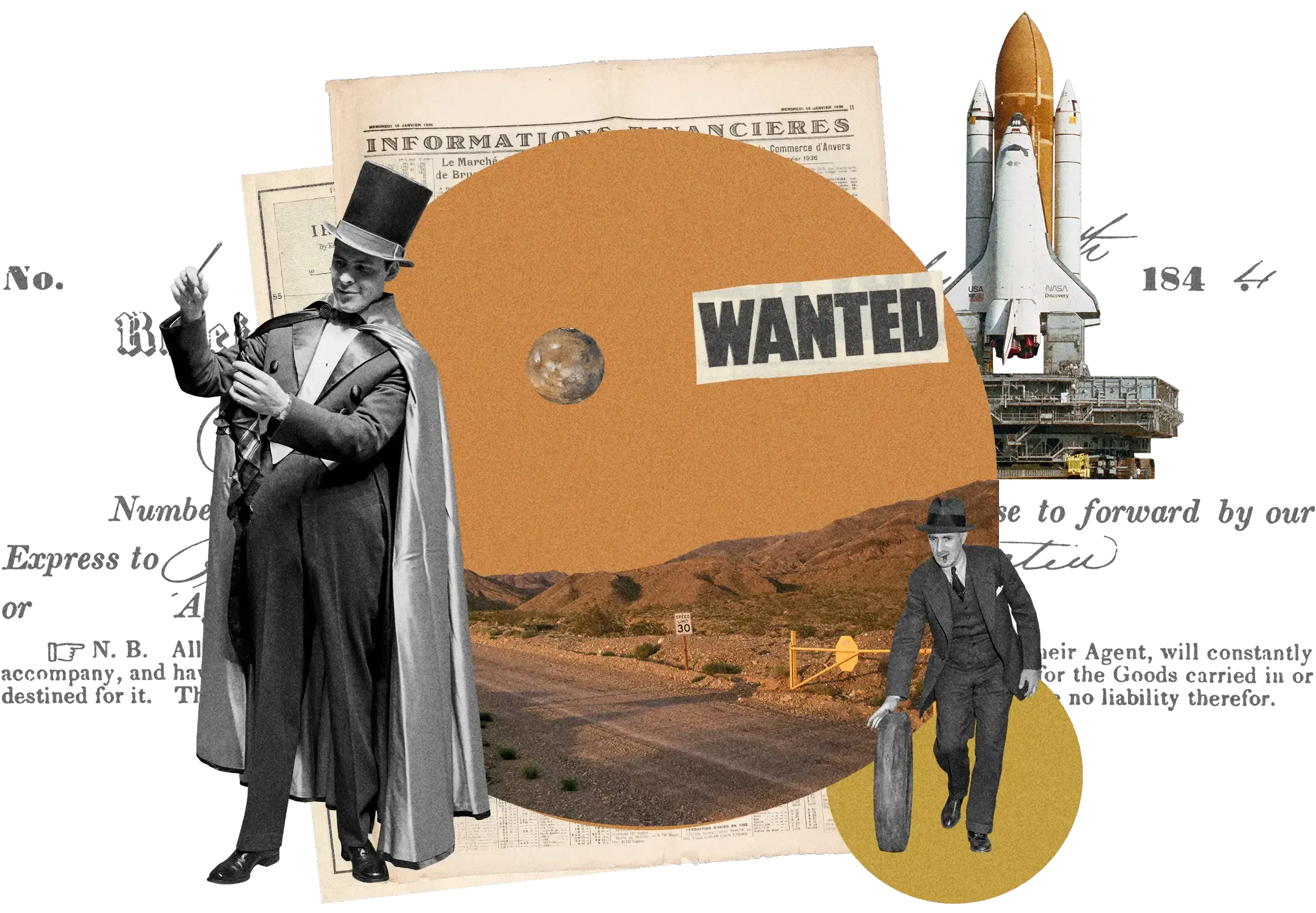 Collage: Magician in top hat and cape, desert road, space shuttle, 'WANTED' text, business man, Mars, on vintage documents background