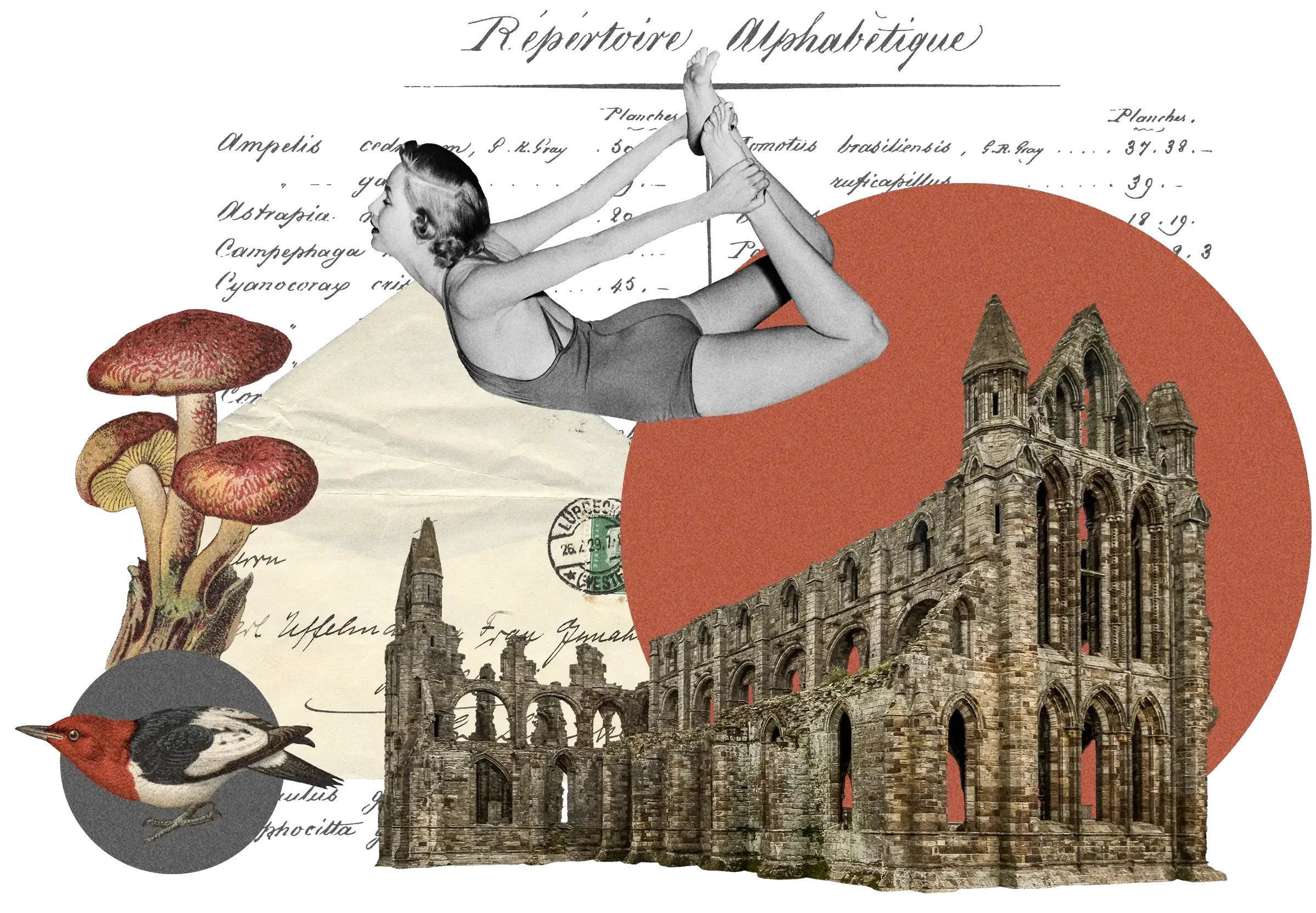 Collage: Woman in vintage swimsuit posed mid-air, Gothic abbey ruins, red mushrooms, small red bird, French text, on terracotta circle