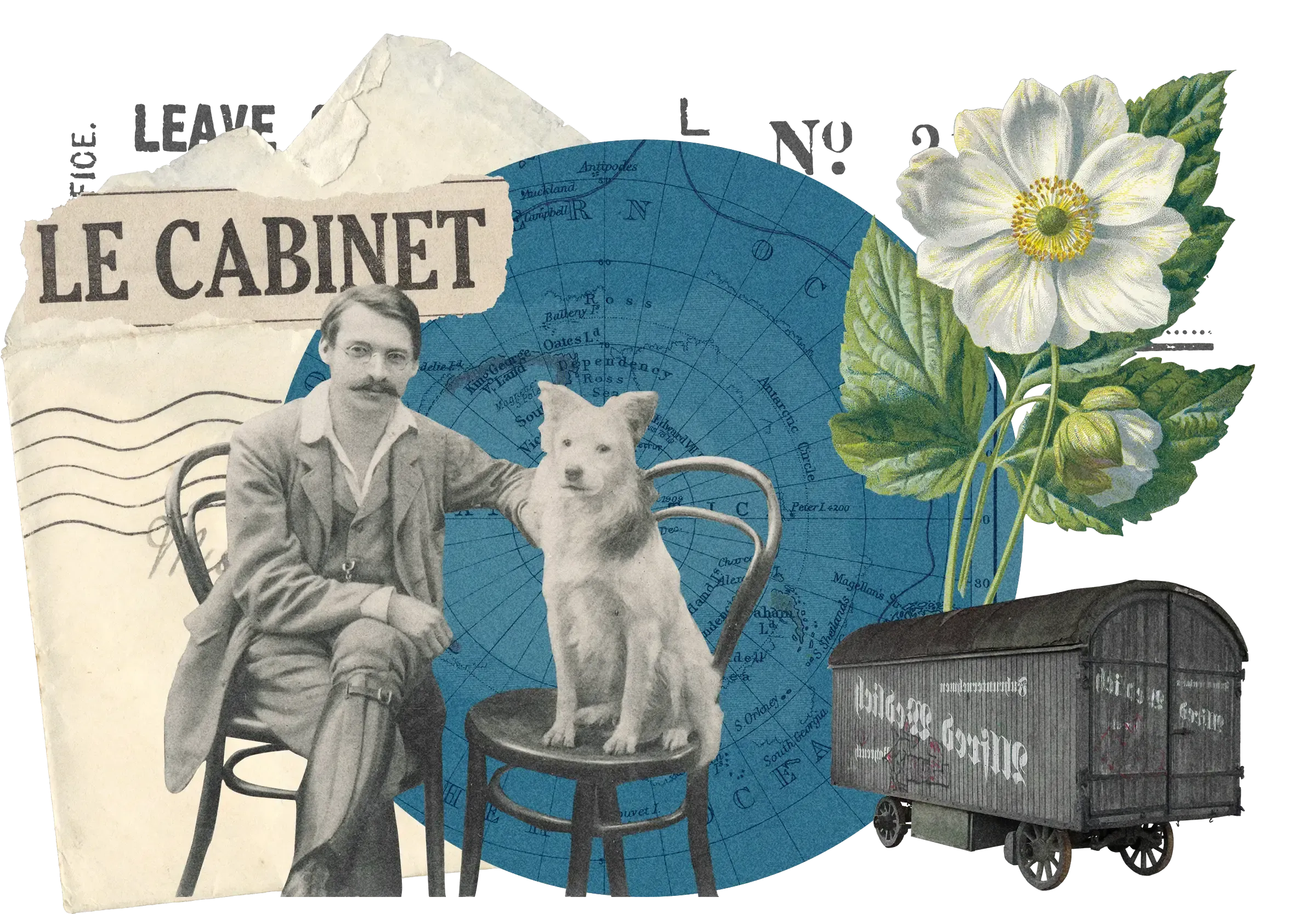 Collage featuring vintage photo of man with dog on chair, white flower, railway car, and 'LE CABINET' text against blue circular map background.